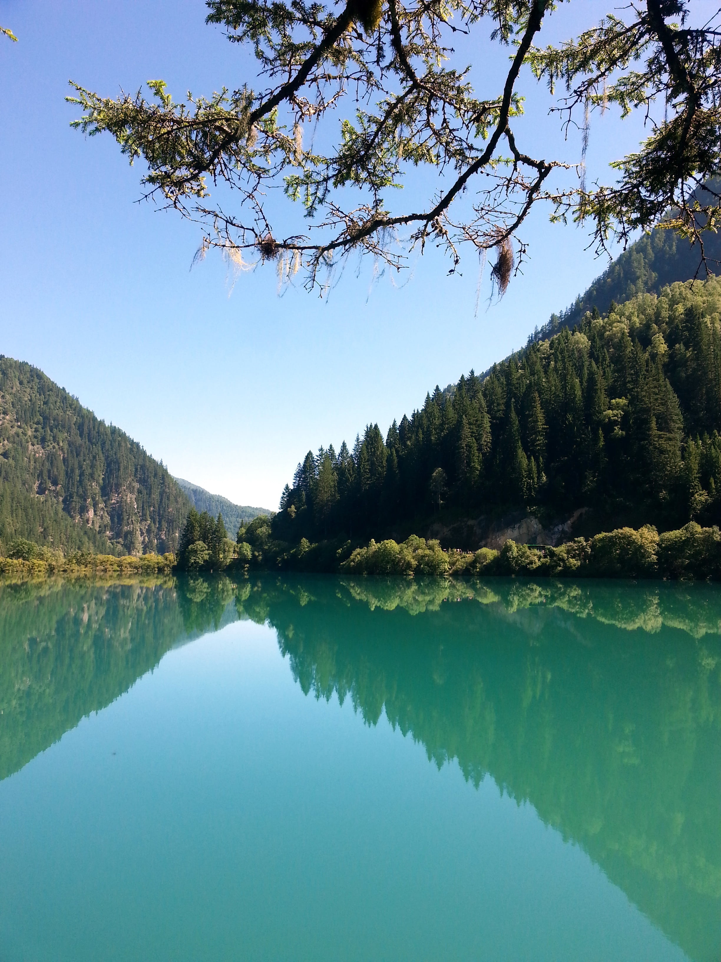 tranquility, mirror, 2K, sky, reflection, mountain, plant, no people, clear sky, tree, scenics - nature, non-urban scene, idyllic, water, lake, growth, Phone HD Wallpaper