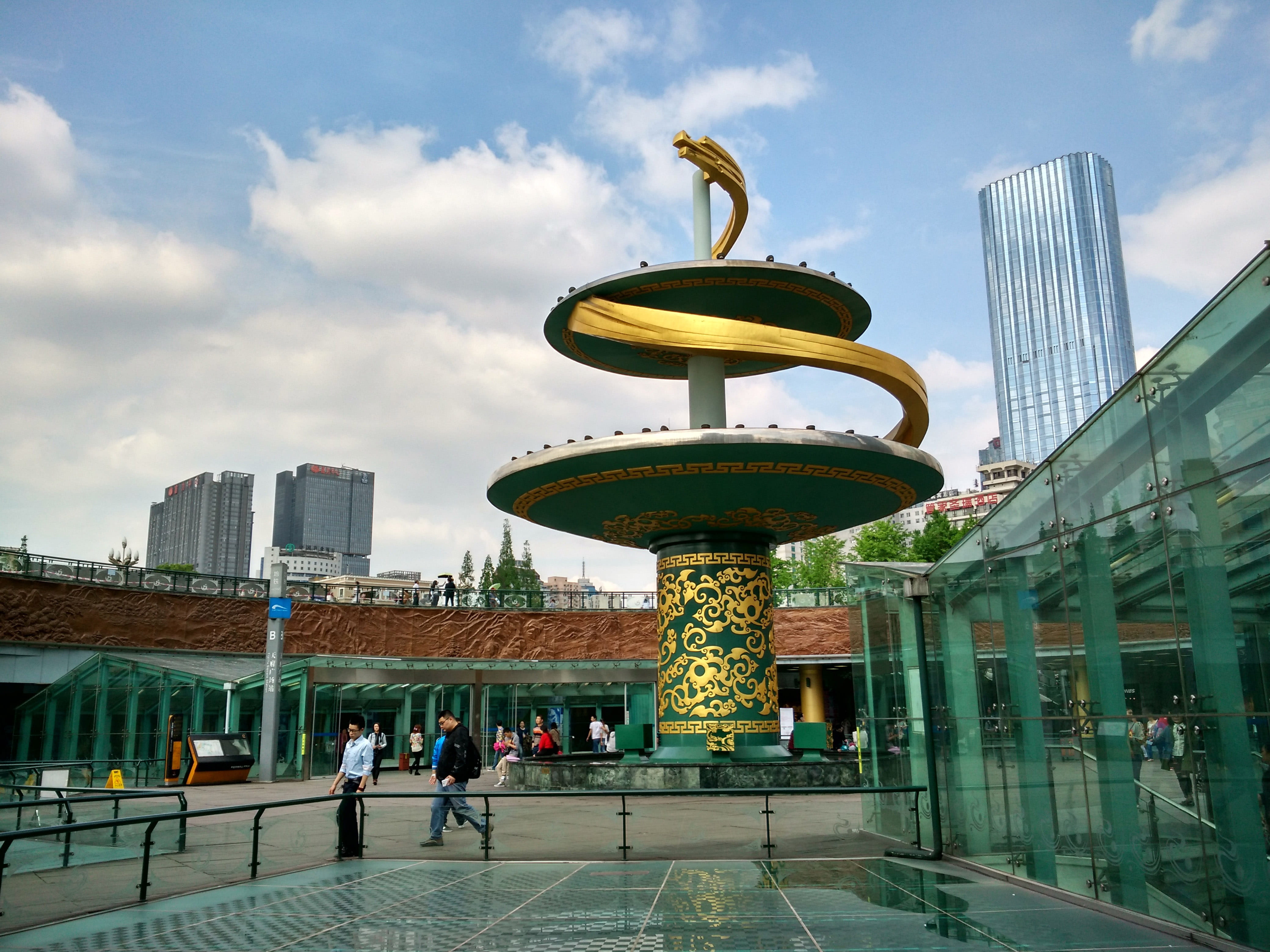 cityscape, china - East Asia, photos, office building exterior, Tianfu Square, people, public domain, architecture, men, day, tianfu, walking, statue, crowd, HD Wallpaper