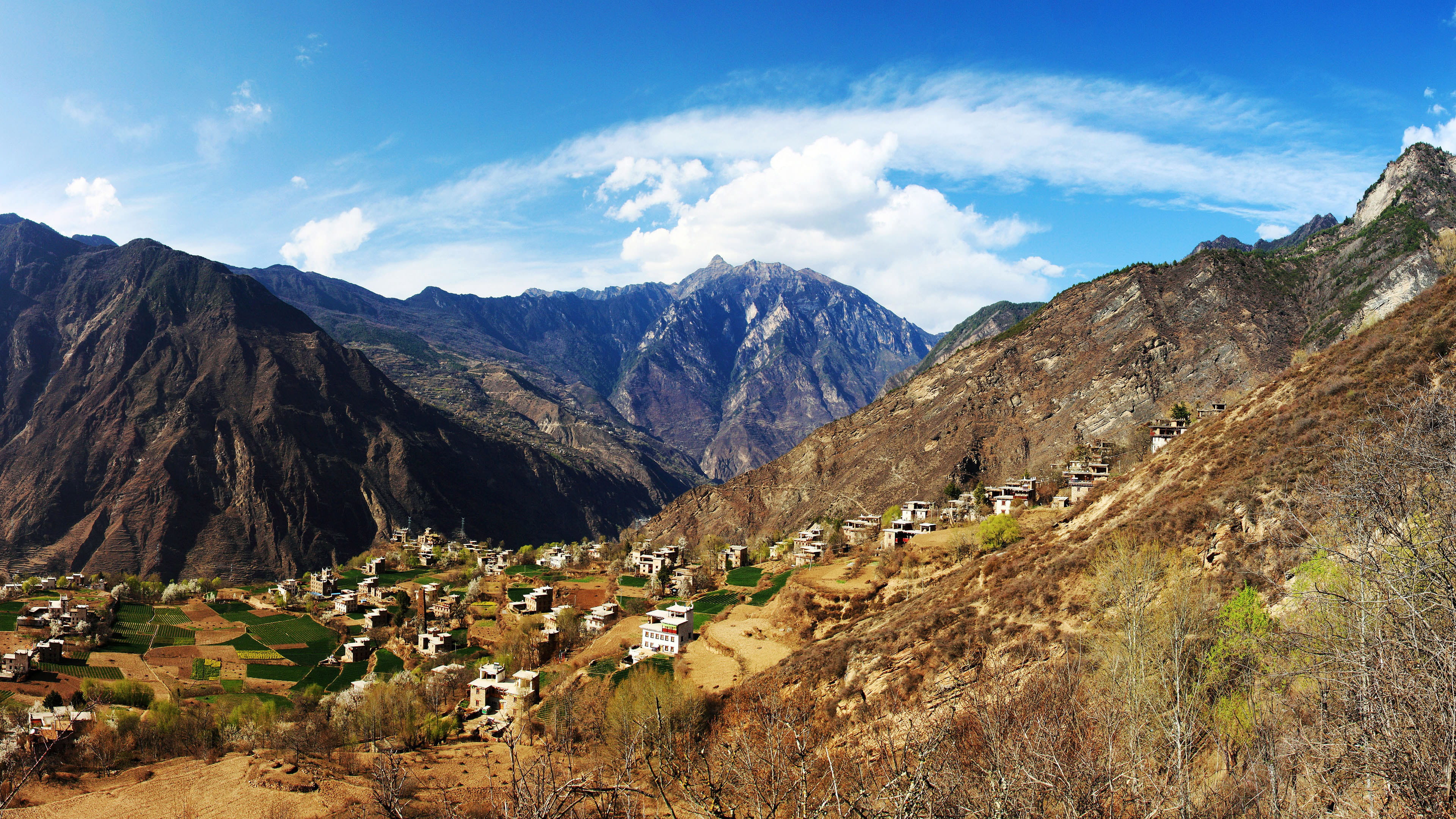 arid climate, cangzhai, scenics - nature, hill, China, clouds, travel destinations, travel, rock, valley, tranquil scene, village, Sichuan, landscapes, HD Wallpaper