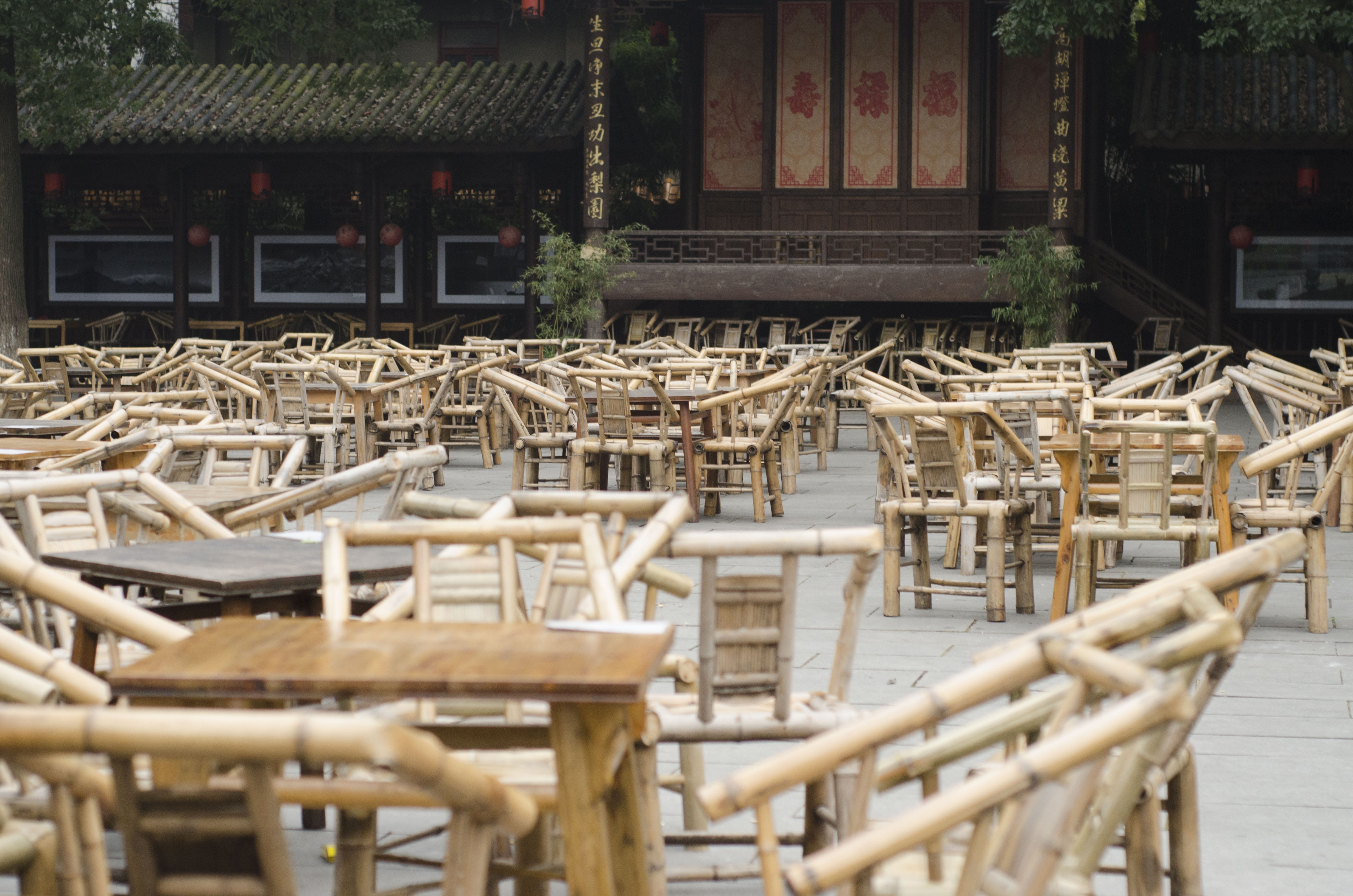 no people, furniture, arrangement, selective focus, teahouse, 4K, outdoor, happiness, day, chengdu, chair, business, outdoors, asia, bamboo chair, sichuan, HD Wallpaper