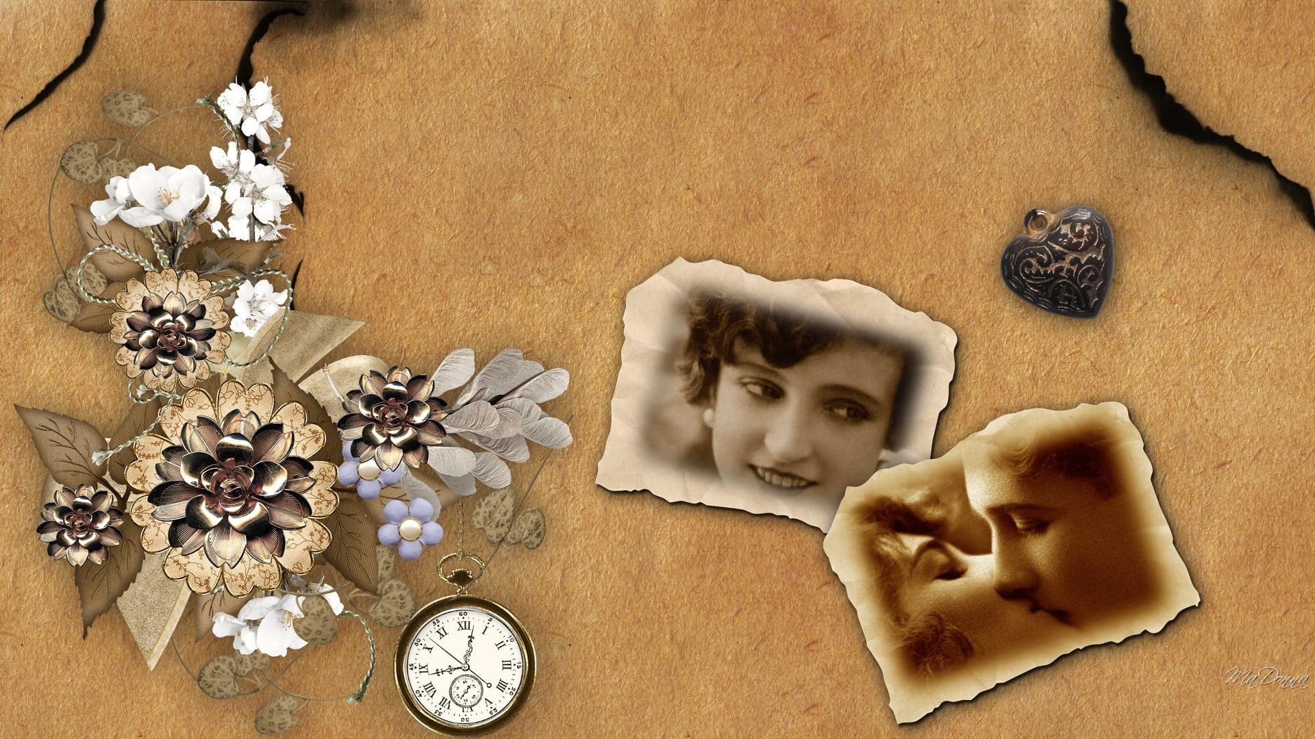 romatnic, burnt-paper, collage, burning, heart, photos, parchment, lovers, flowers, pocket-watch, 1080P, retro, memories, leaves, vintage, HD Wallpaper