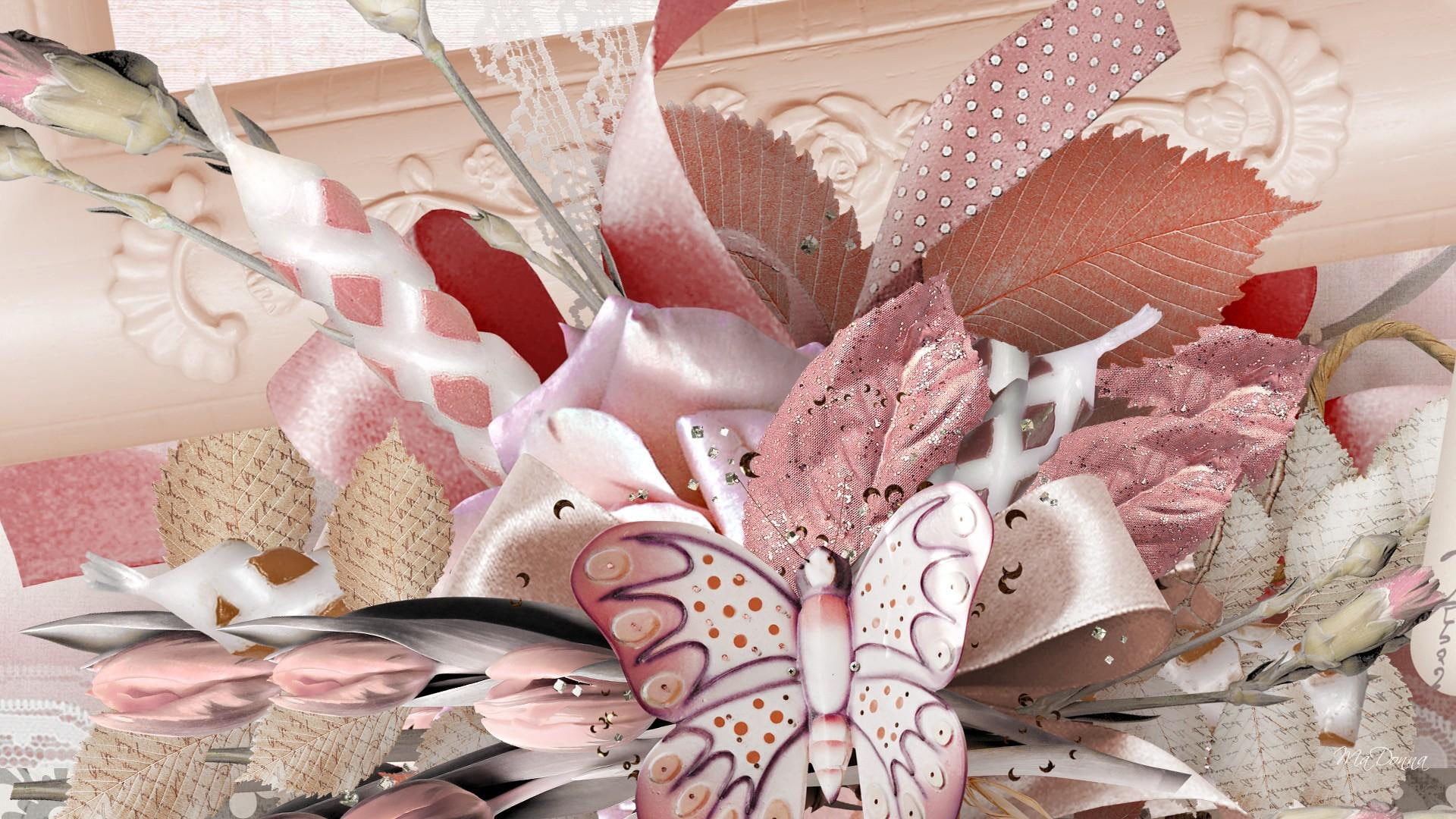 mauve, ribbon, candle, butterfly, 3d and, carnations, birthday, leaves, wishes, pink, old fashion, 1080P, flowers, vintage, bows, HD Wallpaper