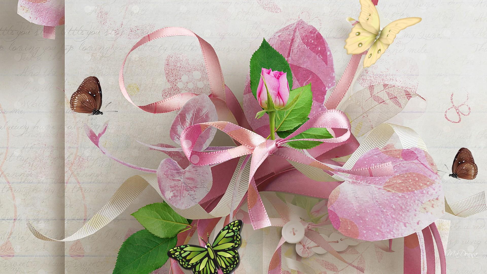 adventure, summer, roses, vintage, hearts, ribbon, paper, ribbons, white, decor, spring, pink, 1080P, butterflies, nature and landscapes, old fashion, HD Wallpaper