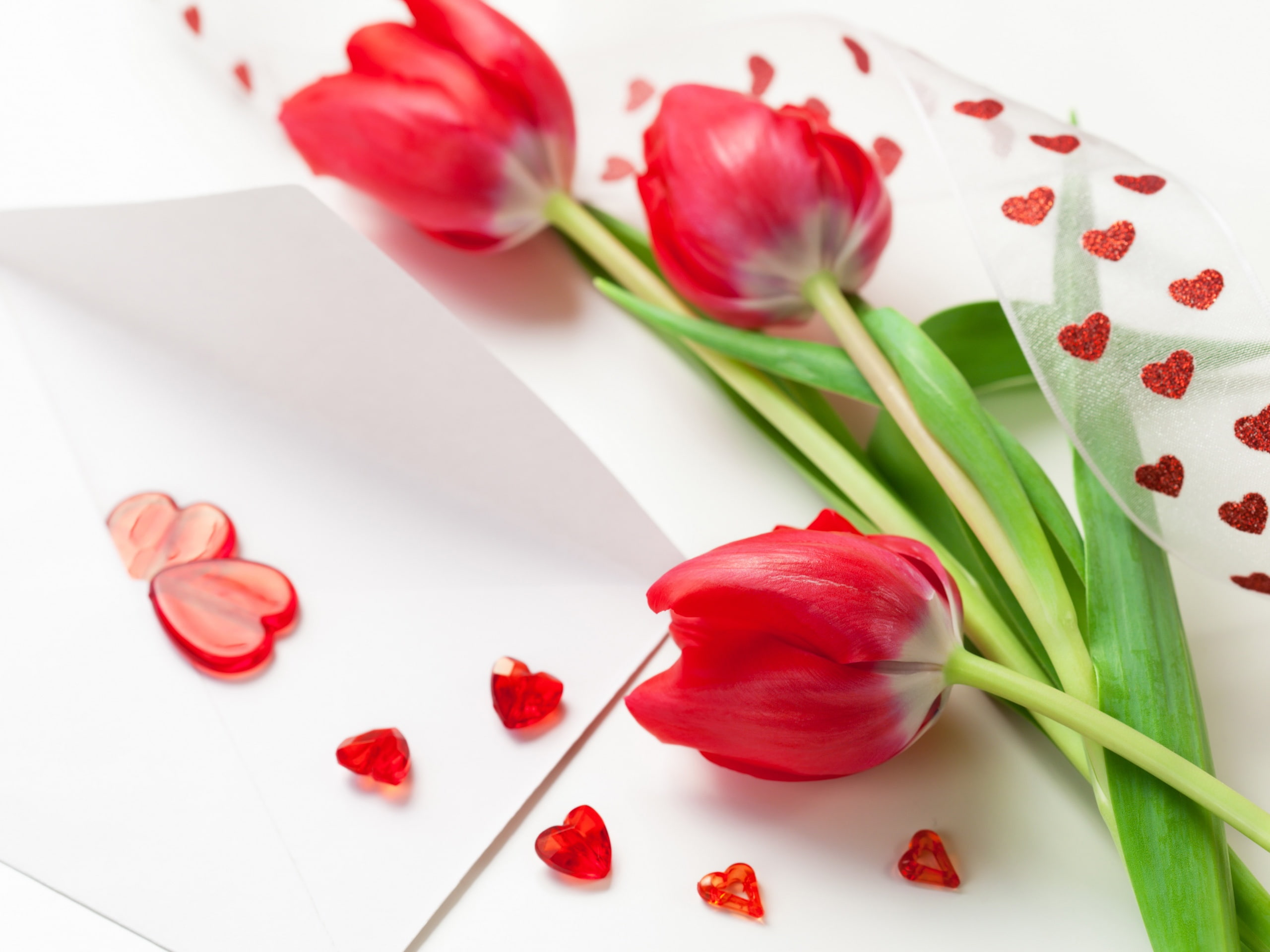Decoration, 2K, Flowers, Heart, Red, Ribbons, Tulip, shaped, Three, HD Wallpaper