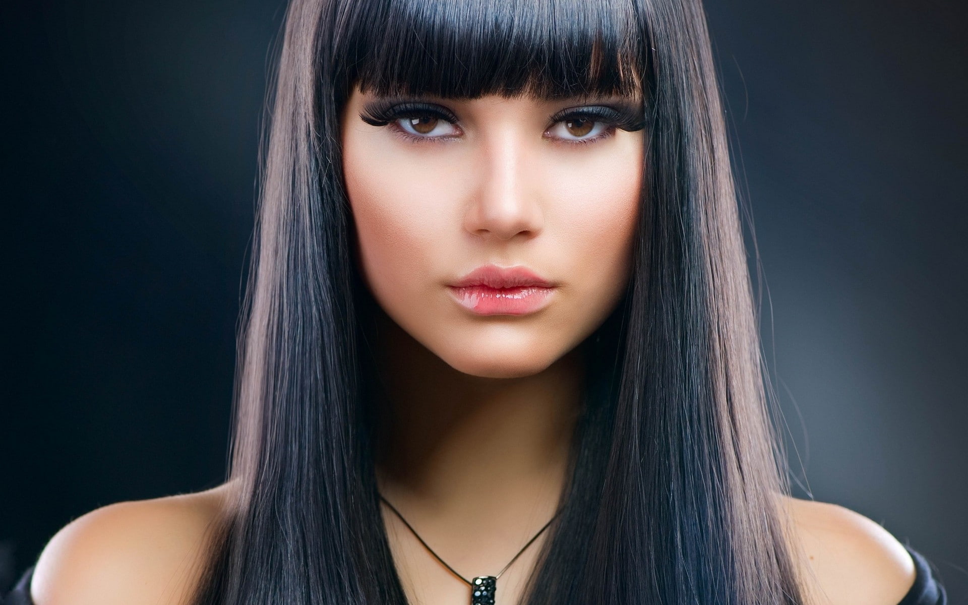 hairstyle, beauty, beautiful people, dark hair, indoors, beautiful woman, headshot, bangs, necklace, black background, body part, black hair, hair, long hair, HD Wallpaper