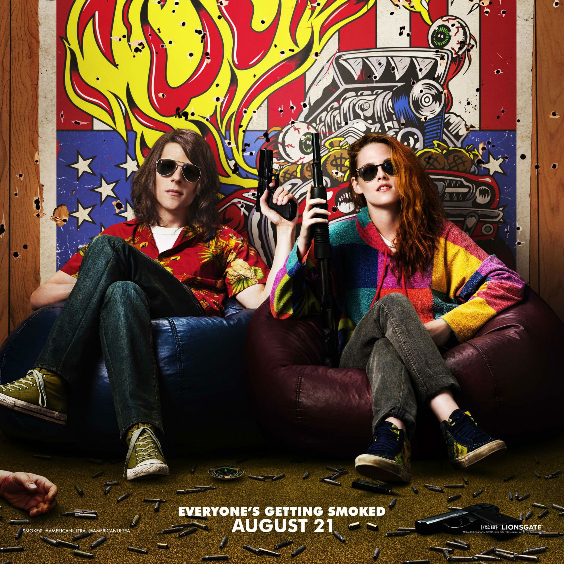 Jesse Eisenberg, american, poster, shells, glasses, bullet holes, gun, American Ultra, pistol, wall, Kristen Stewart, chair, ultra, 1080P, shotgun, Phone HD Wallpaper