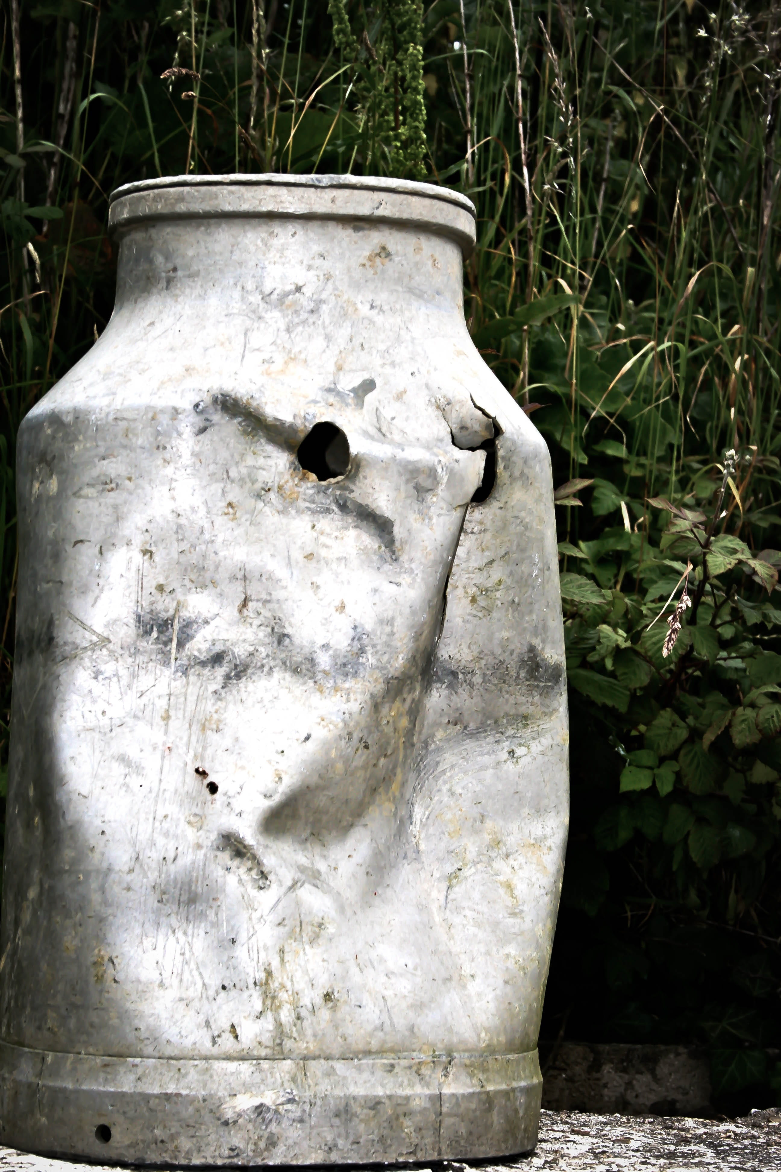 metal, close-up, gun shot, plant, left behind, decline, milk container, broken, grass, obsolete, nature, old, no people, greenery, normandy, steel, battle, Phone HD Wallpaper
