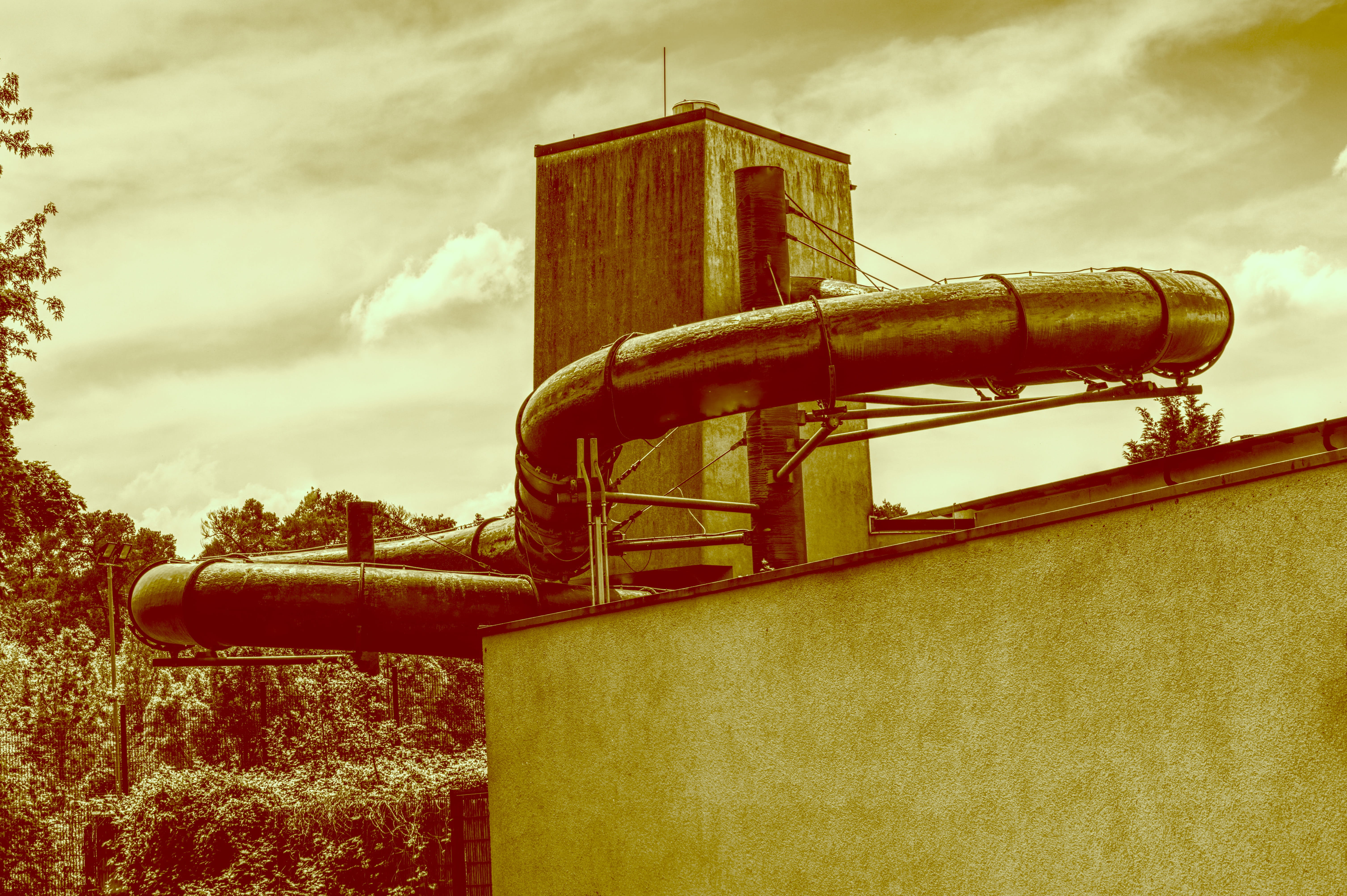abandoned, building exterior, swim, old, low angle view, plant, adventure, overcast, industrial equipment, water park, out of service, speed slide, high dynamic range, HD Wallpaper