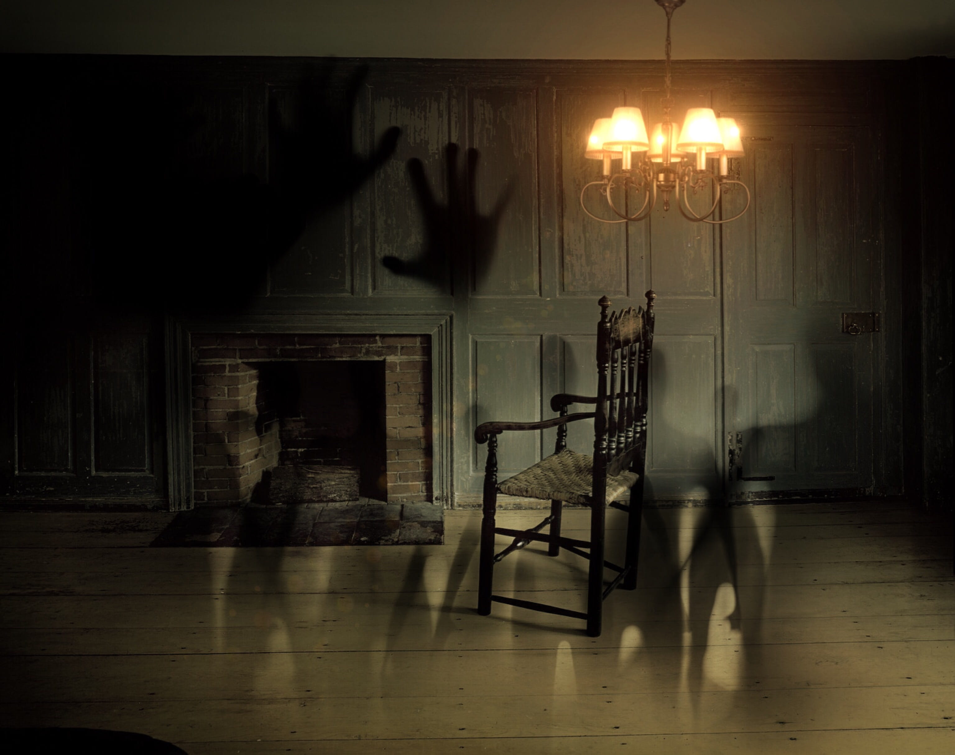 illuminated, shallow, fireplace, absence, ghosts, shadows, indoors, surreal, armchair, wood - material, ceiling, lamp, door, seat, light, creepy, fear, HD Wallpaper