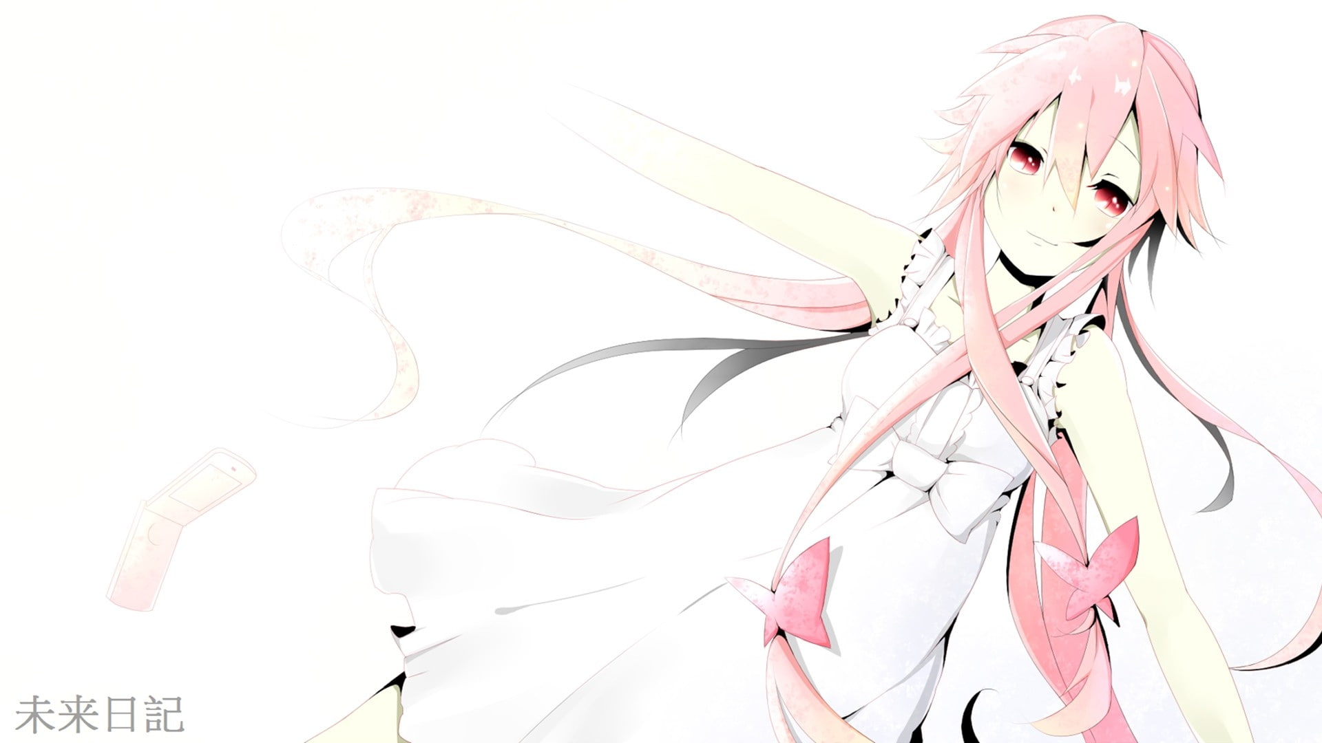 art, people, x, eyes, hair, girls, red eyes, twintails, smiling, hd, red, pink hair, future, 1080P, pink, anime, diary, HD Wallpaper