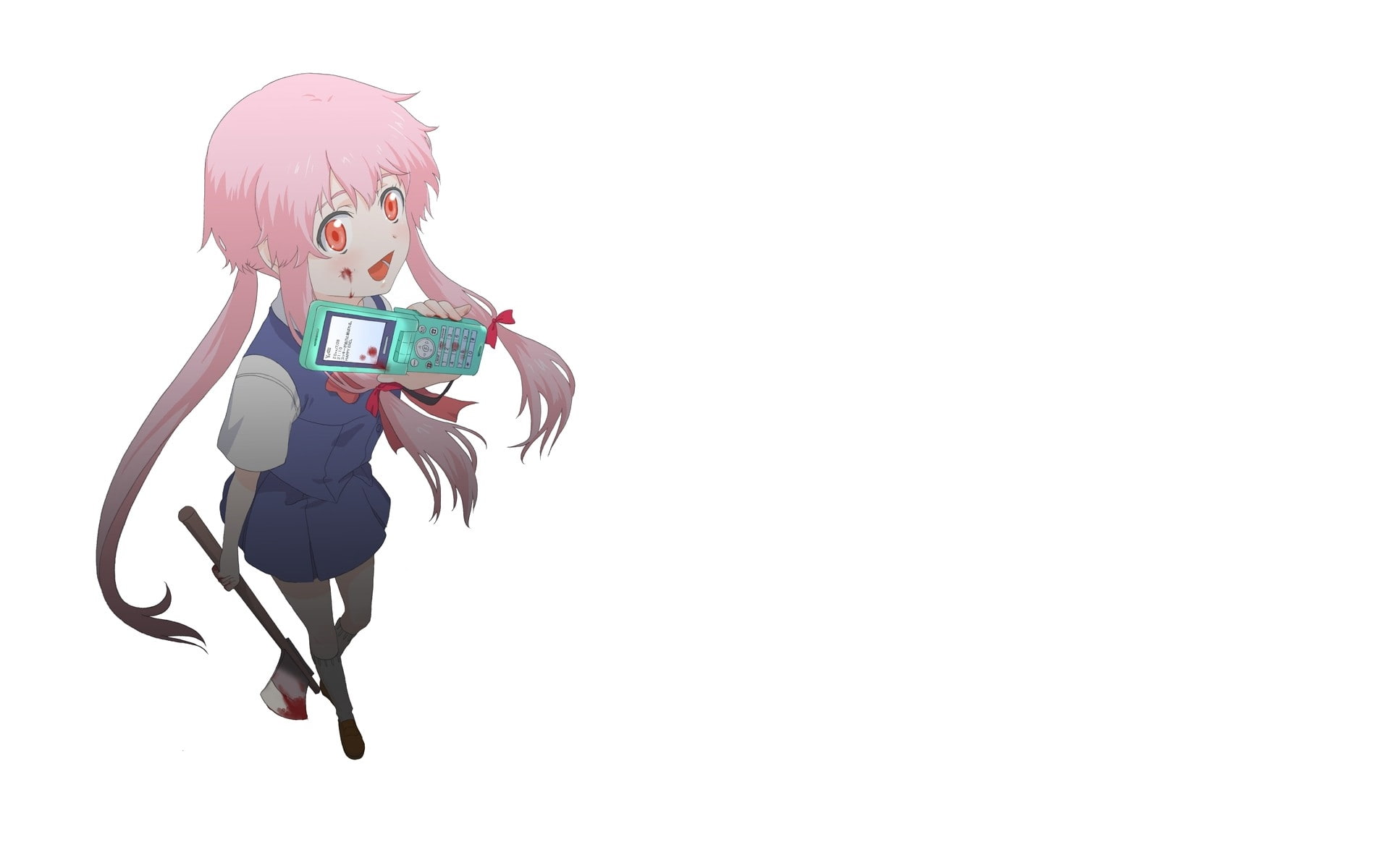 red, people, ribbons, mobile, diary, hd, eyes, school, 1080P, blood, gasai, future, phones, twintails, hair, axe, art, uniforms, pink, school uniforms, HD Wallpaper