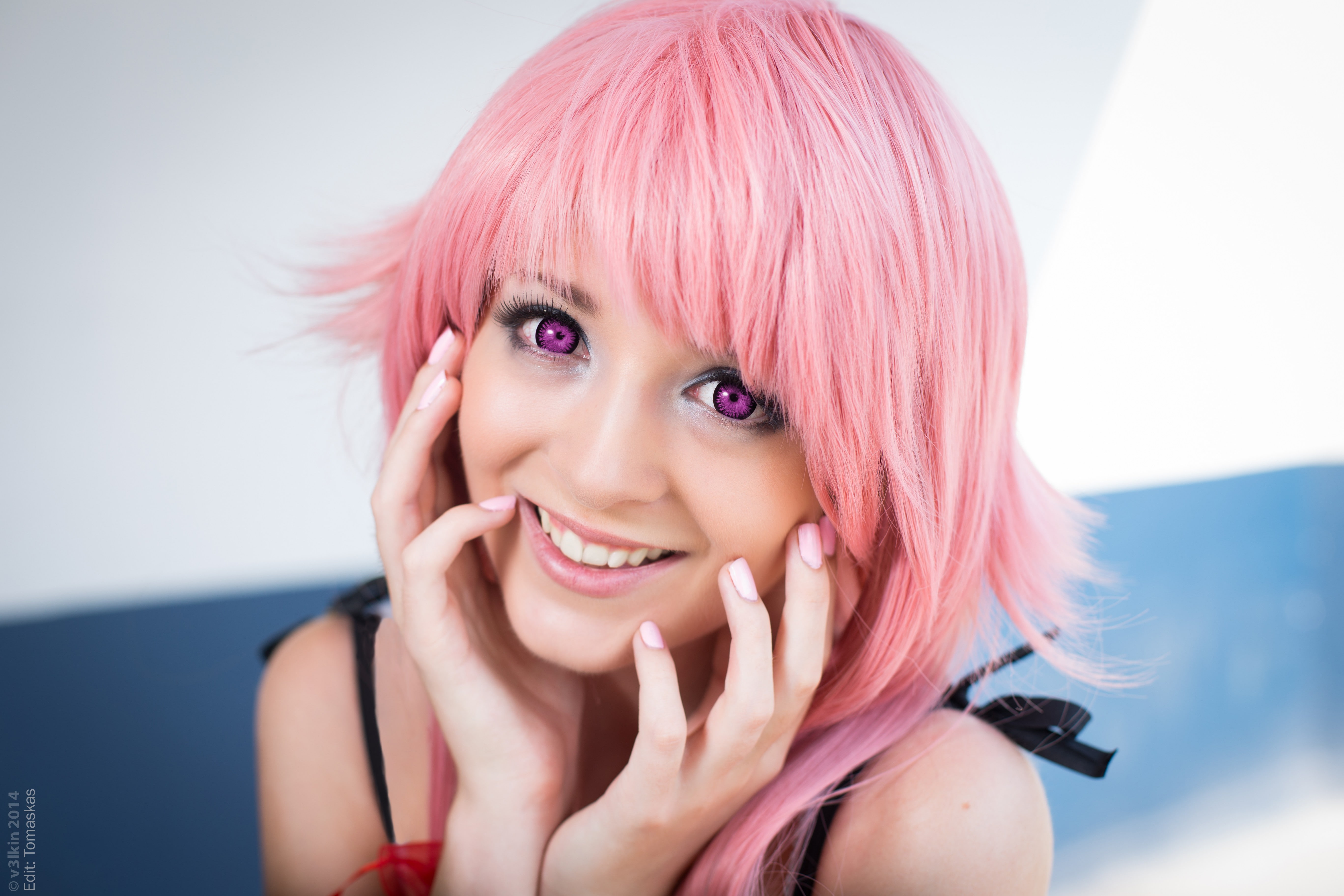 women, cosplay, Mirai Nikki, Connie Glynn, portrait, model, teeth, short hair, Gasai Yuno, pink hair, dyed hair, face, 5K, purple eyes, HD Wallpaper