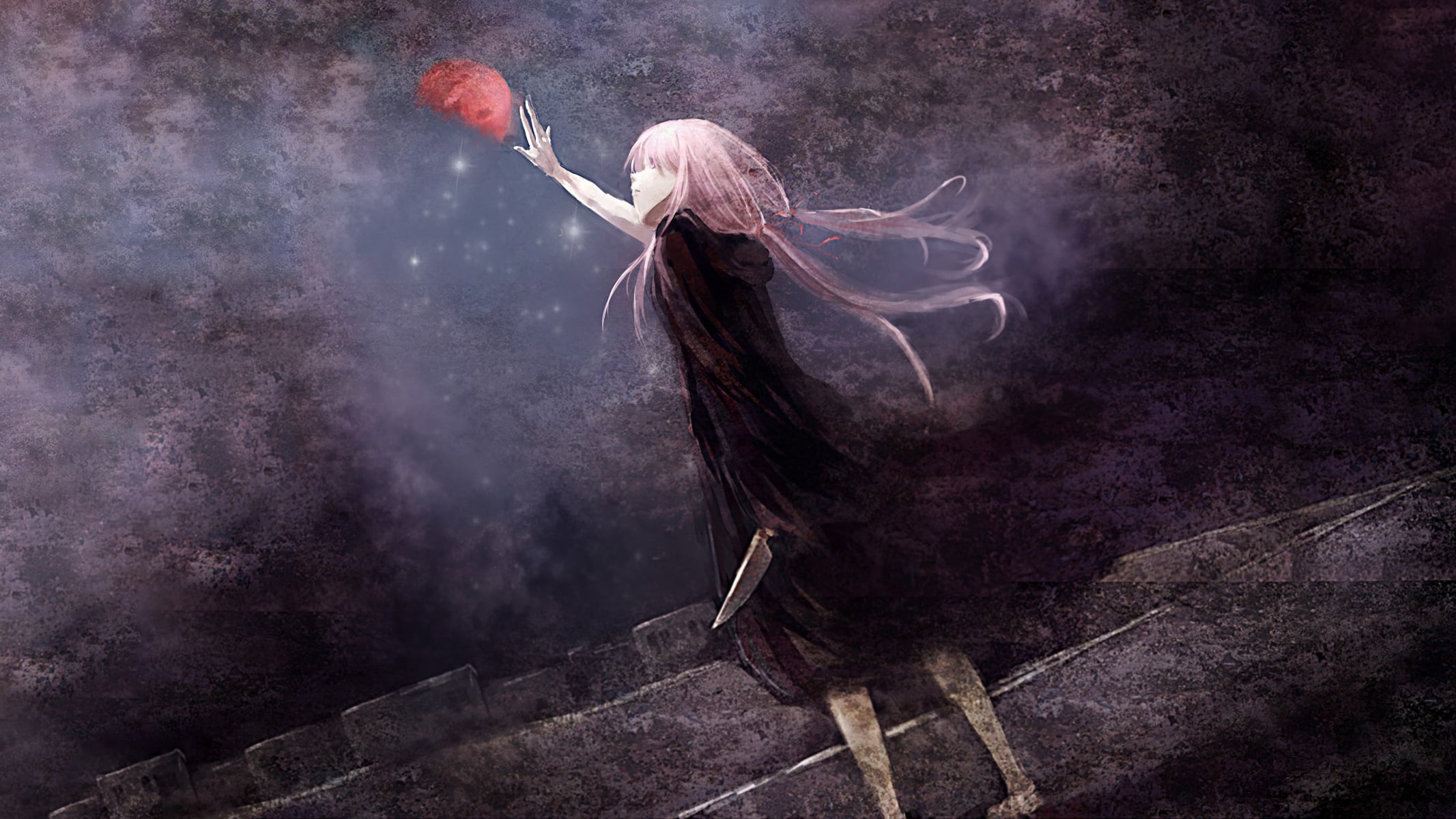 Moon, anime girls, anime, weapon, Gasai Yuno, long hair, knife, dress, twintails, Mirai Nikki, night, 1080P, pink hair, HD Wallpaper