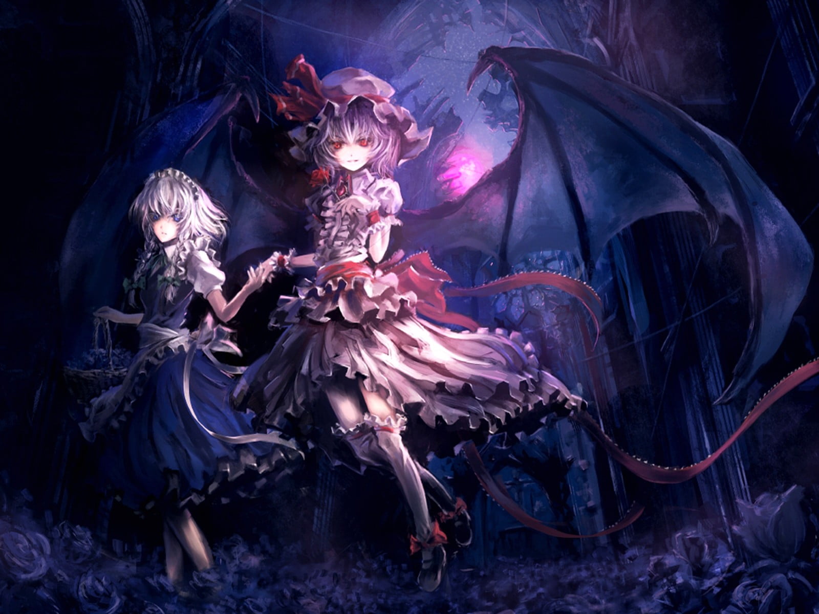720P, costume, Touhou, Izayoi Sakuya, staircase, one person, two, Remilia Scarlet, creativity, outdoors, digital, spooky, art and craft, adult, dark, mystery, HD Wallpaper