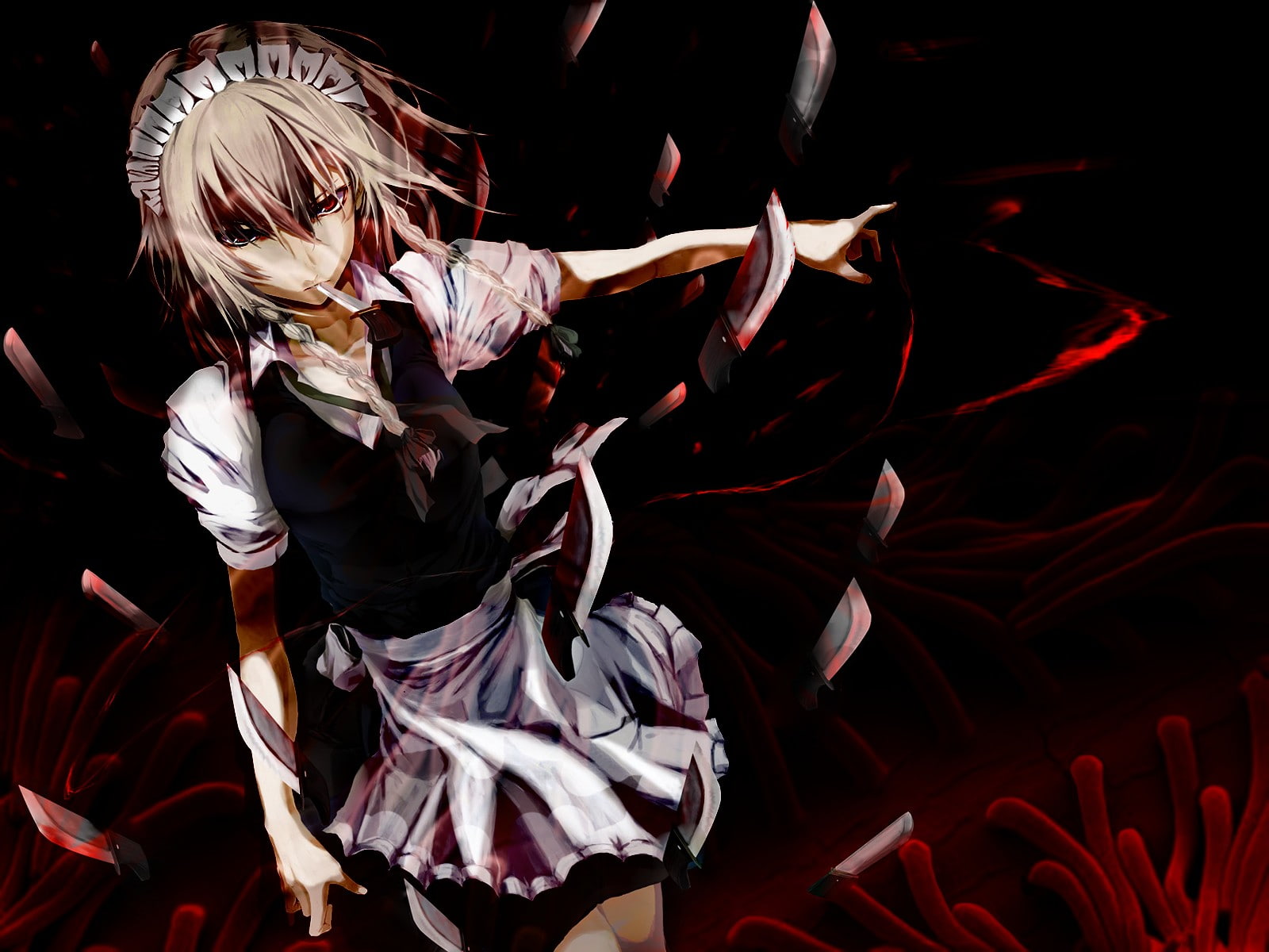 black background, one person, smoking, Touhou, performance, adult, anime, digital composite, flowering plant, grey hair, flower, Izayoi Sakuya, 720P, indoors, HD Wallpaper