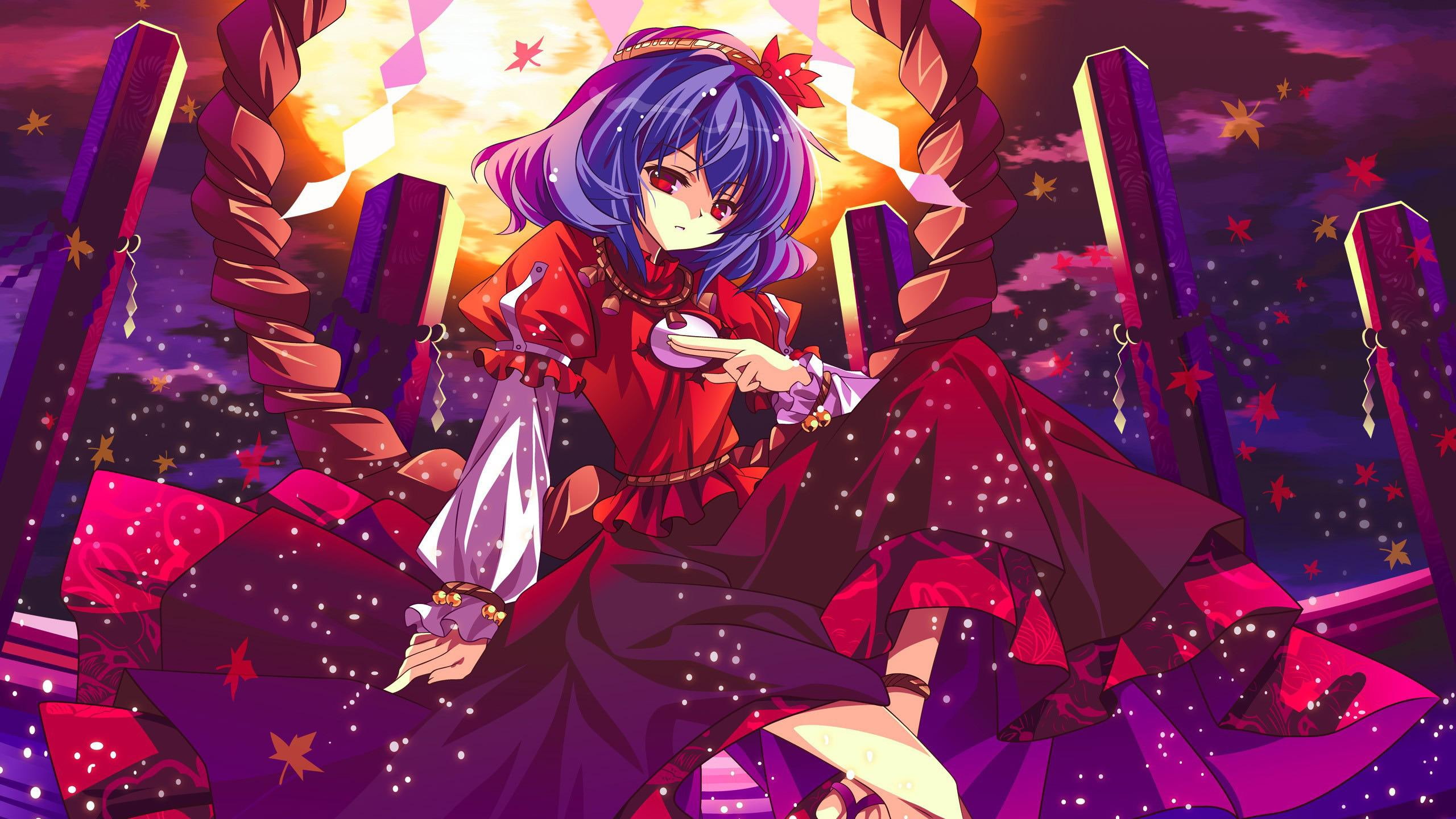 female, project, touhou project, touhou, 2K, anime, haired, purple, character, 2560x1440, yasaka, kanako, kanako yasaka, HD Wallpaper