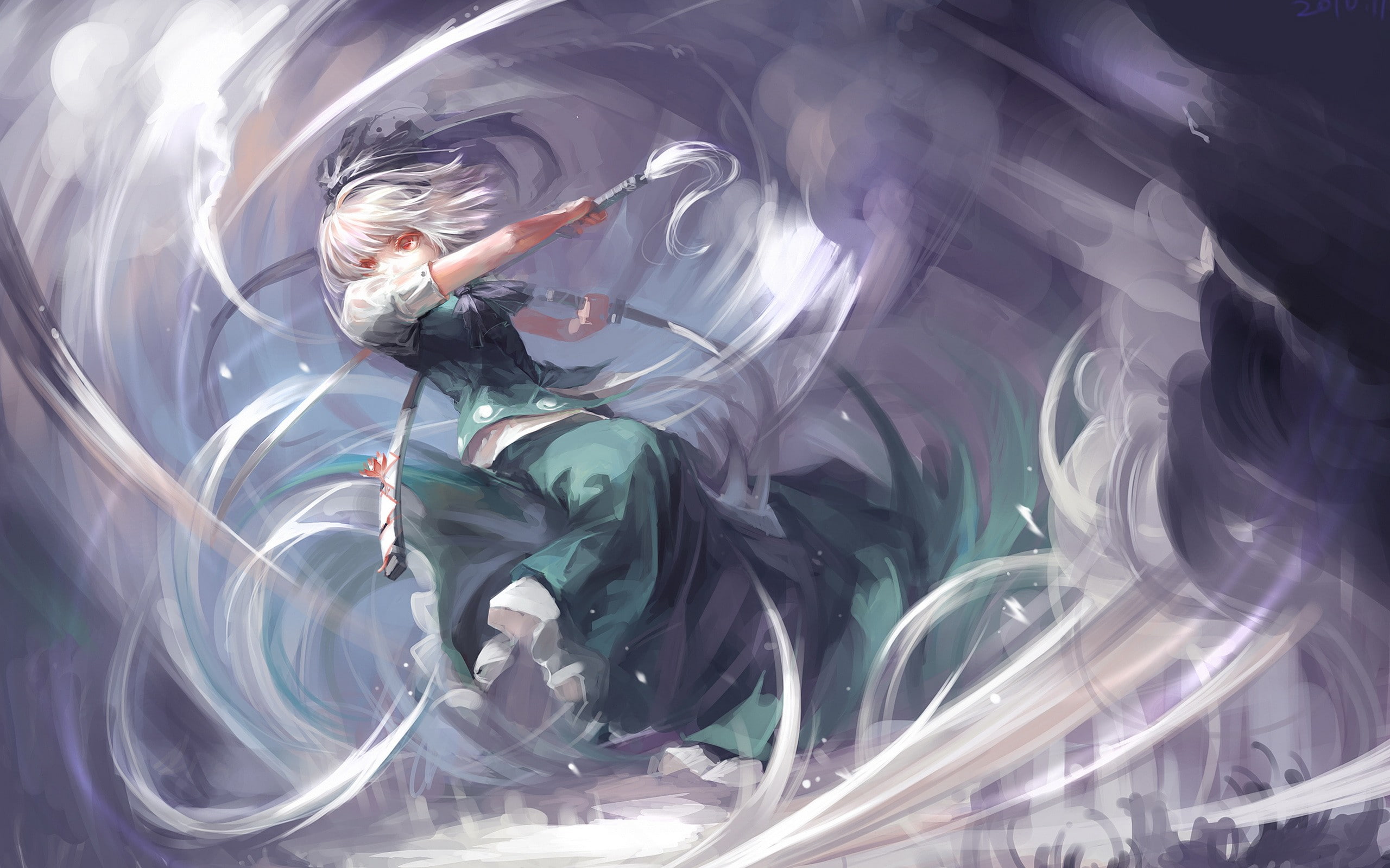 2K, character, konpaku, project, painting, youmu, touhou, haired, female, anime, cartoon/comic, drawing, hd, white, HD Wallpaper