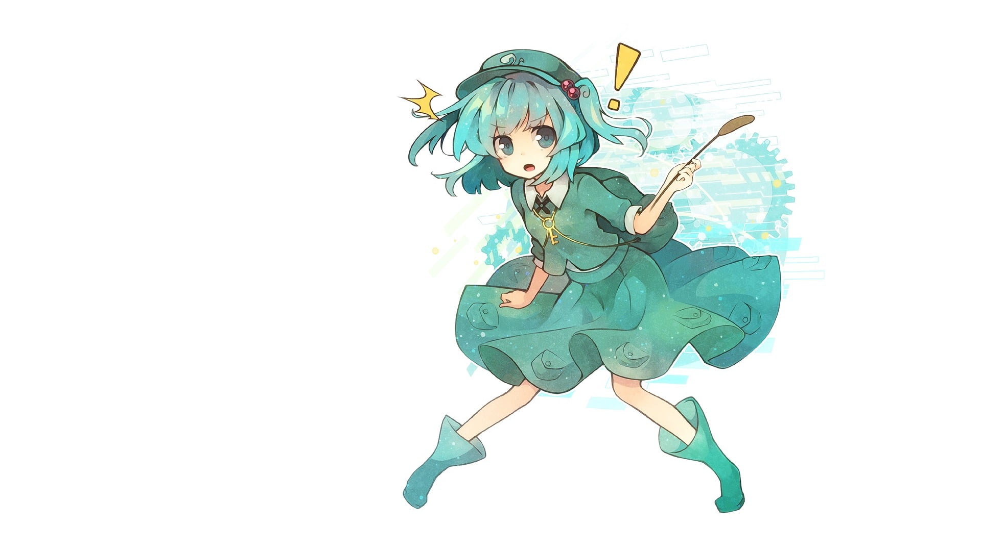 cap, boots, 1080P, white background, Project East, Fuiyu, blue hair, key, Touhou Project, Kawashiro Nitori, art, HD Wallpaper