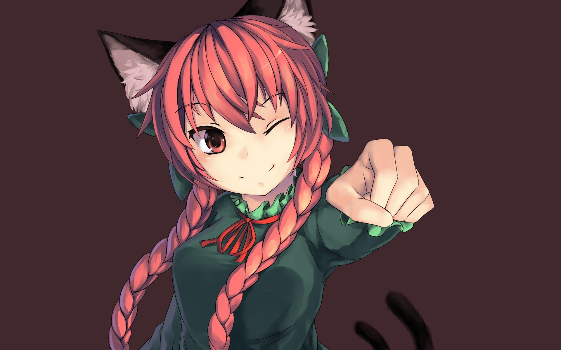 Lu Hao, hands, 1080P, Touhou Project, gesture, ears, smile, Rin Kaenbyou, wink, red hair, Project East, grey background, art, braids, two tails, face, HD Wallpaper