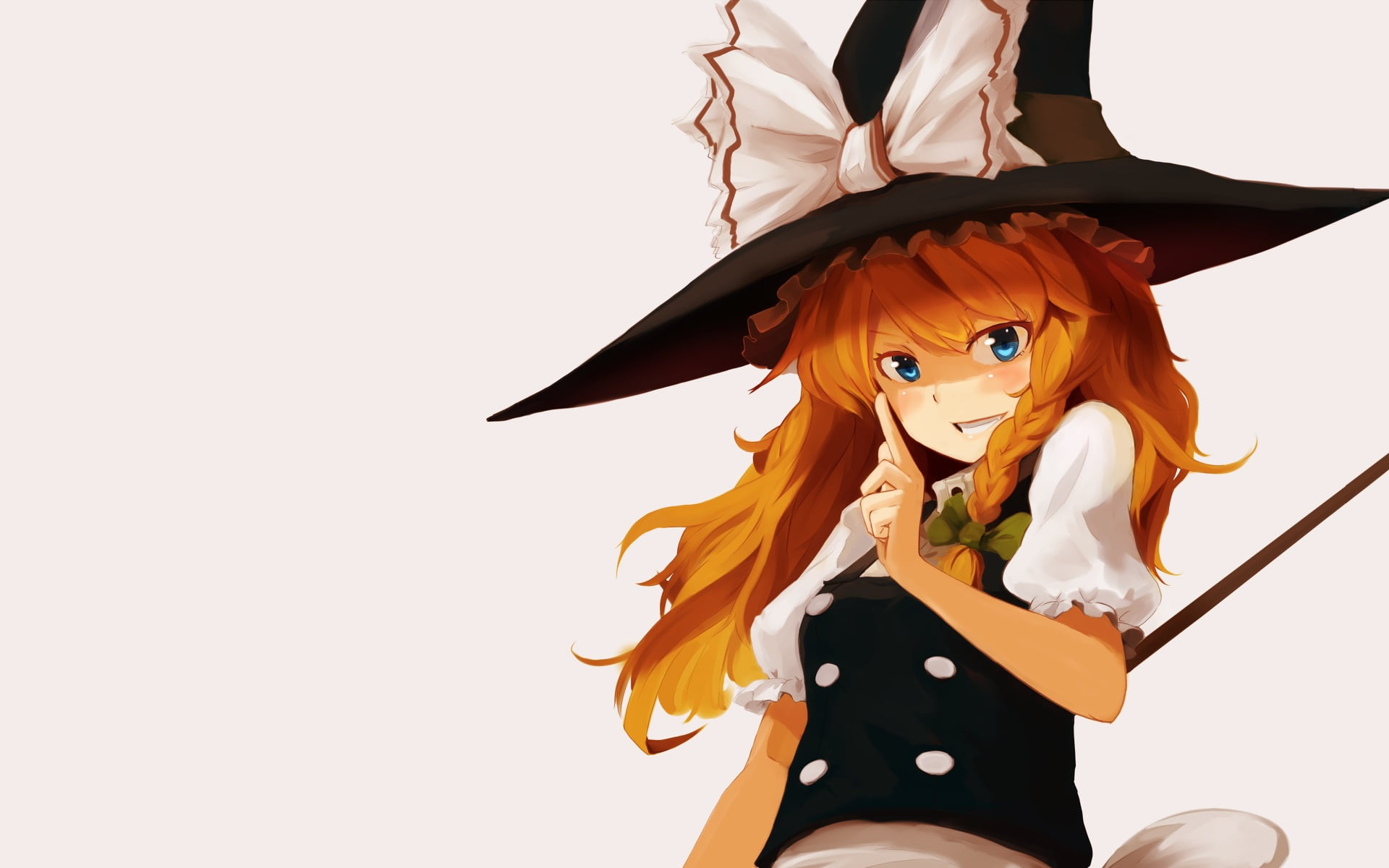 gesture, Marisa Kirisame, bow, blue eyes, Touhou Project, witch hat, 1080P, Yammy, red, art, pigtail, grey background, Project East, HD Wallpaper