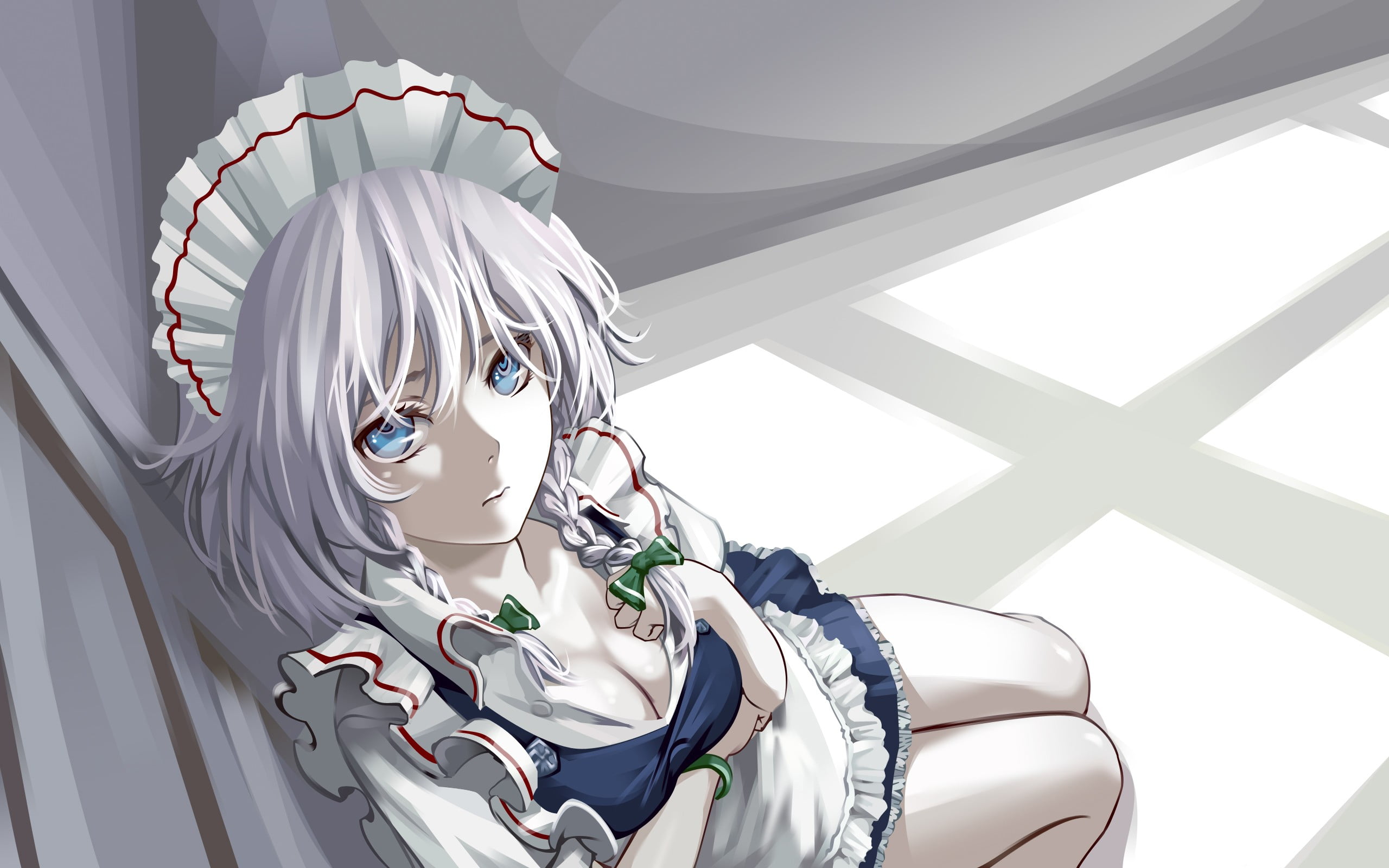 portrait, technology, braids, eyeglasses, low angle view, anime girls, wall - building feature, anime, Touhou, Izayoi Sakuya, indoors, ceiling, nature, HD Wallpaper