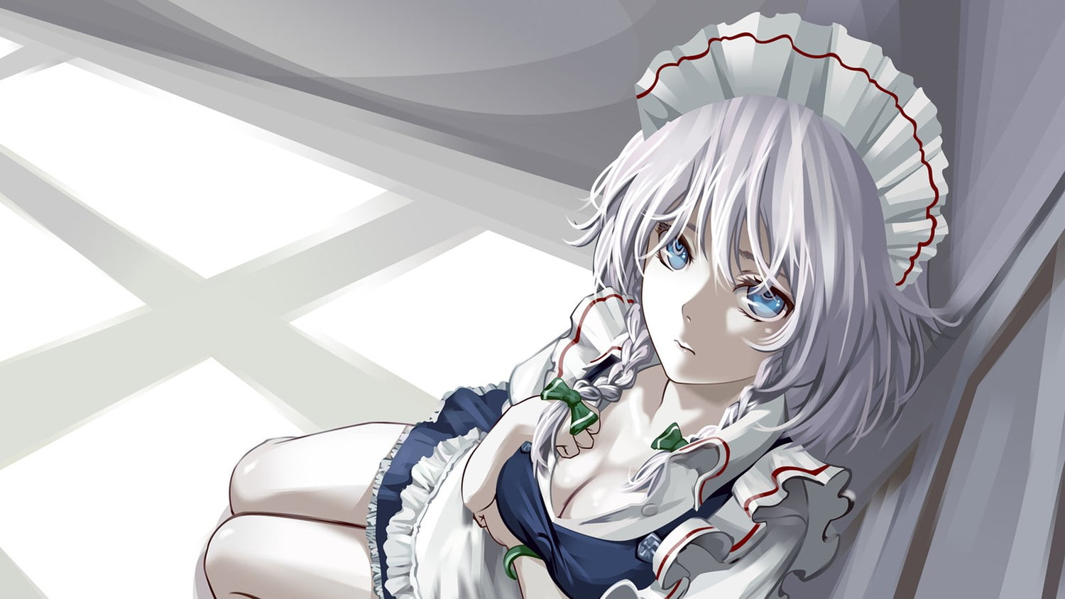 low angle view, representation, anime girls, young adult, 720P, portrait, one person, grey hair, indoors, sunlight, women, wall - building feature, looking at camera, HD Wallpaper