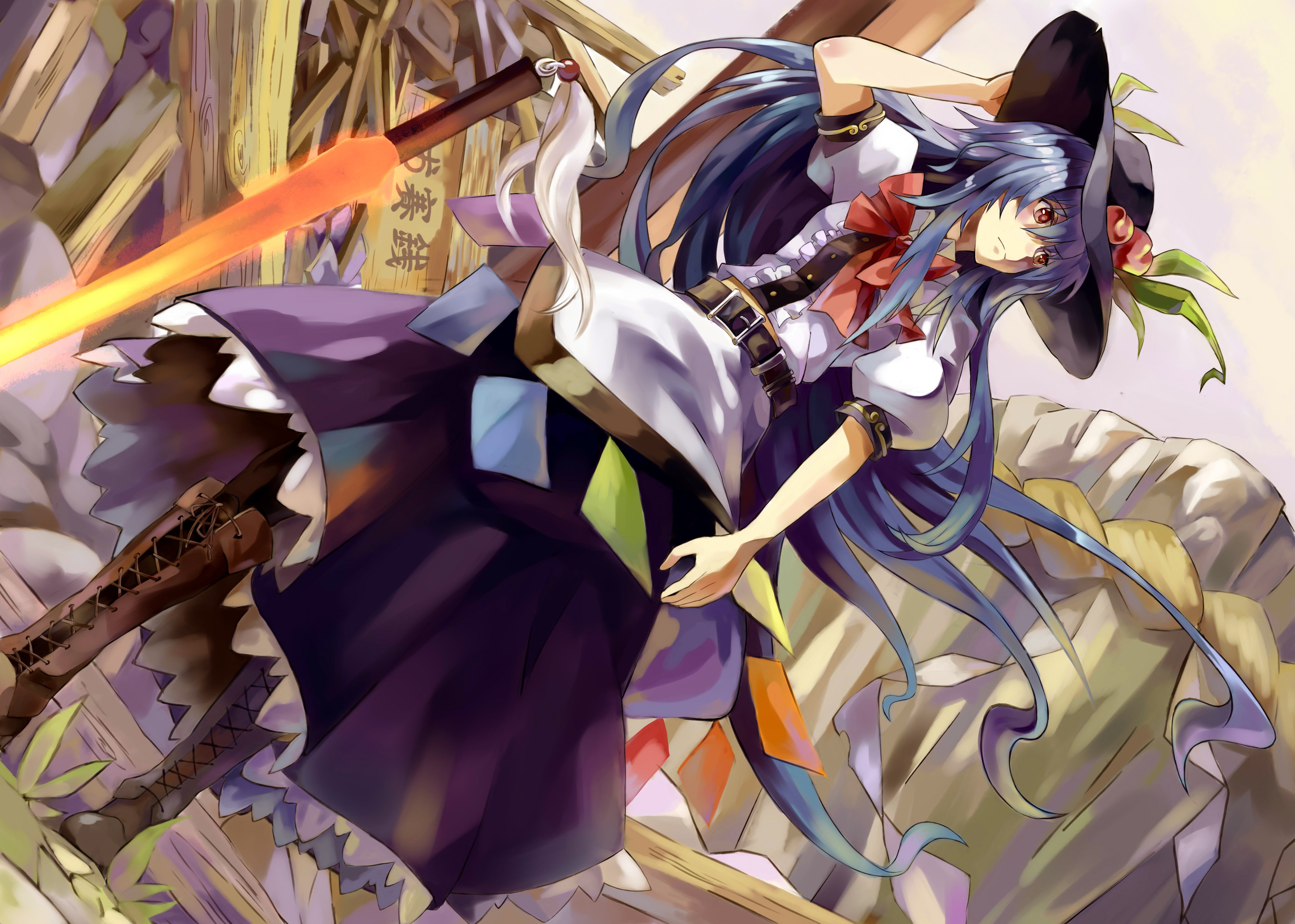 Project East, Hinanawi Tenshi, blue hair, art, strap, 5K, the wind, Touhou Project, bow, hat, boots, Yanshoujie, white blouse, HD Wallpaper