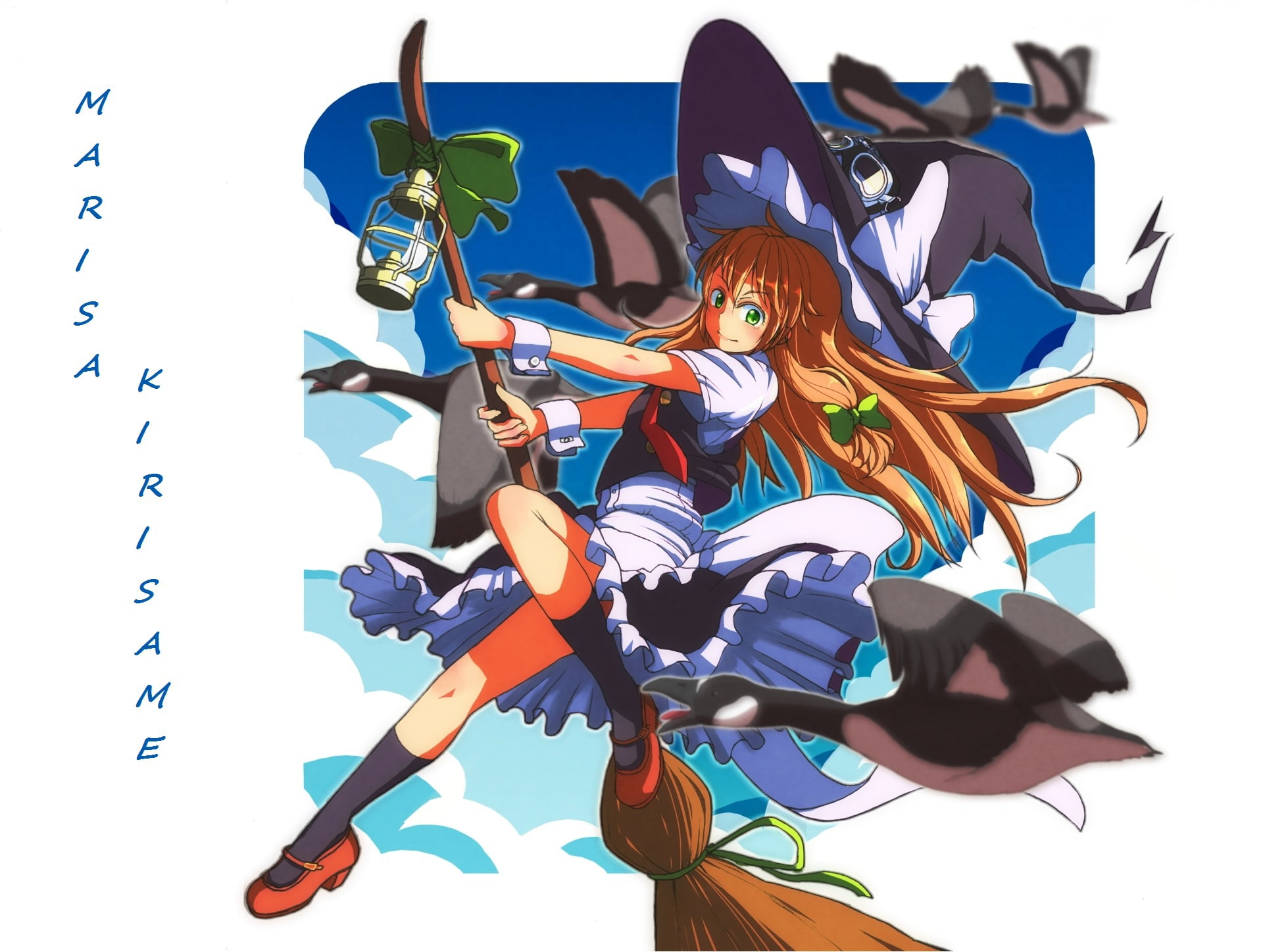 Project East, duck, knee, 1080P, art, in the sky, flies, on the broom, Touhou Project, Kitsune no Denpachi, lantern, witch hat, Marisa Kirisame, witch, HD Wallpaper