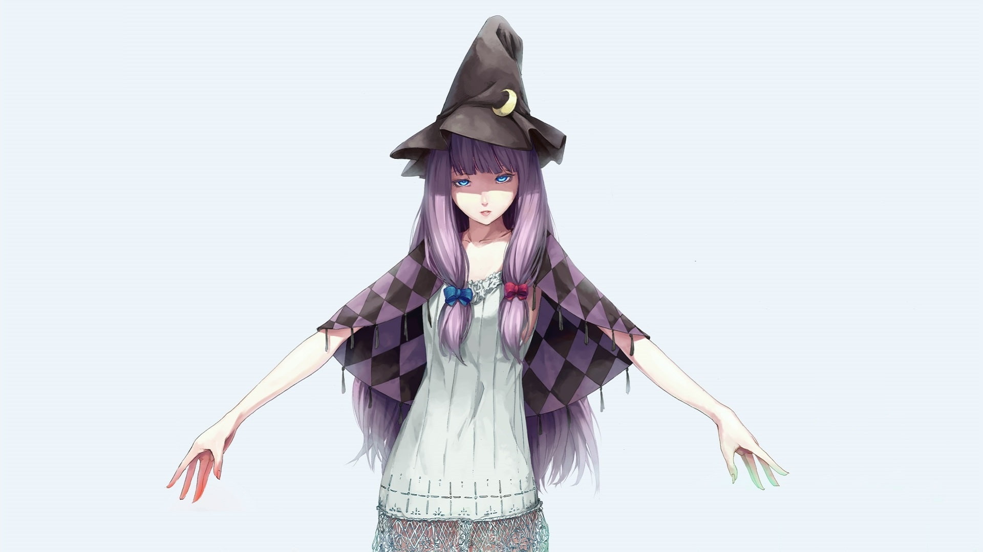 Project East, jacket, Sousou, 1080P, Touhou Project, hands, bows, Patchouli Knowledge, Cape, lilac hair, witch hat, art, blue eyes, blue background, HD Wallpaper