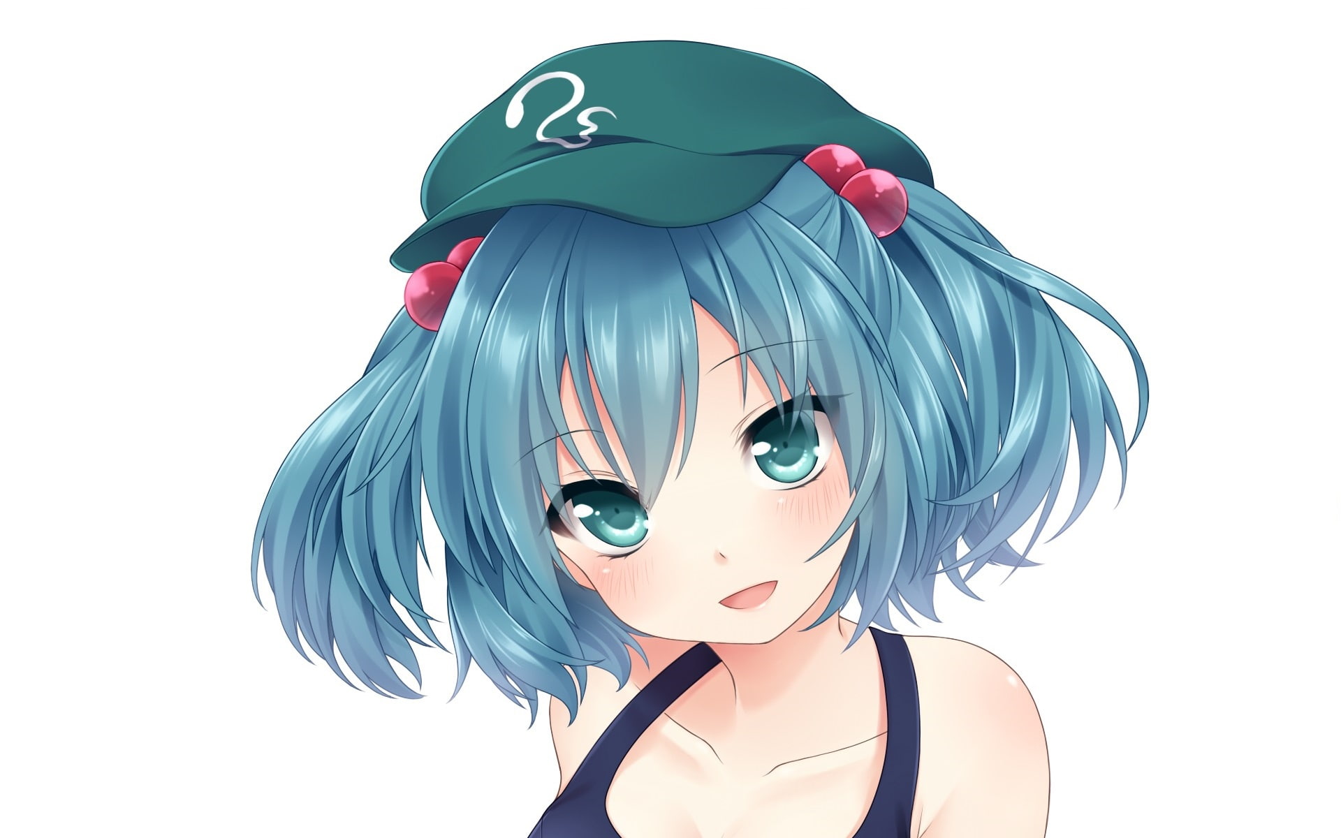 Kawashiro Nitori, Touhou Project, art, blue hair, face, 1080P, Etou, girl, white background, cap, two tails, Project East, HD Wallpaper