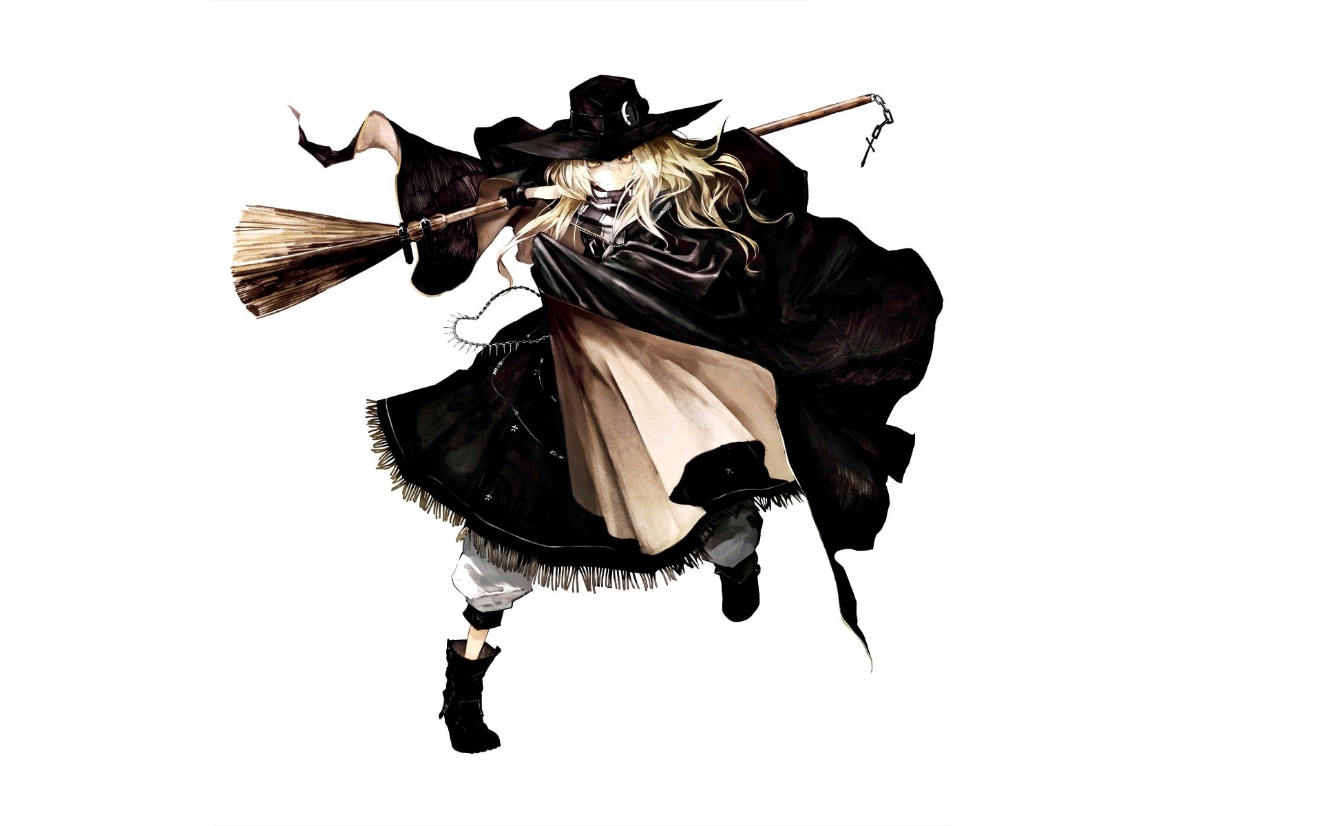 art, 1080P, Akira Banpai, witch, cloak, witch hat, boots, Touhou Project, Project East, Marisa Kirisame, white background, broom, costume, HD Wallpaper
