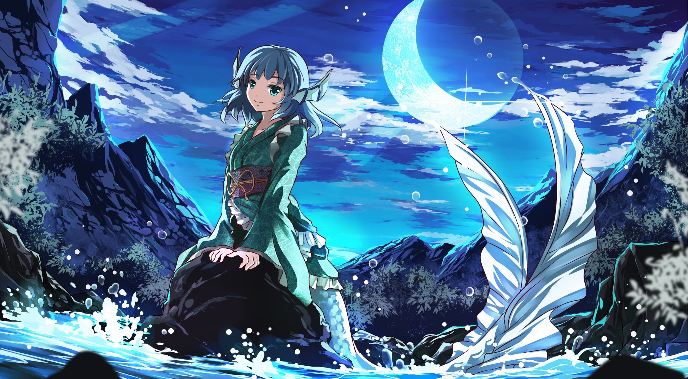 on the stone, sea foam, art, a month, tail, sitting, mermaid, squirt, wave, Wakasagihime, Risuta an, Project East, night, 1080P, Andrew, Touhou Project, HD Wallpaper