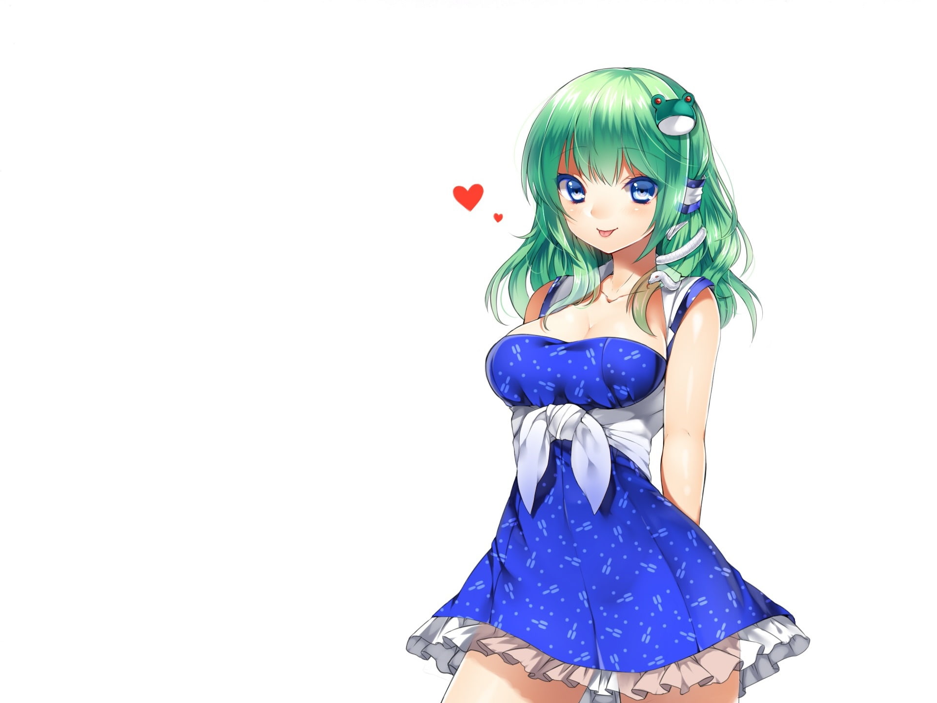 Touhou Project, barrette, Kochi Have Done The Art, white background, touhou, smile, Project East, green hair, Kanzaki Maguro, serdechek, blue dress, 1080P, HD Wallpaper