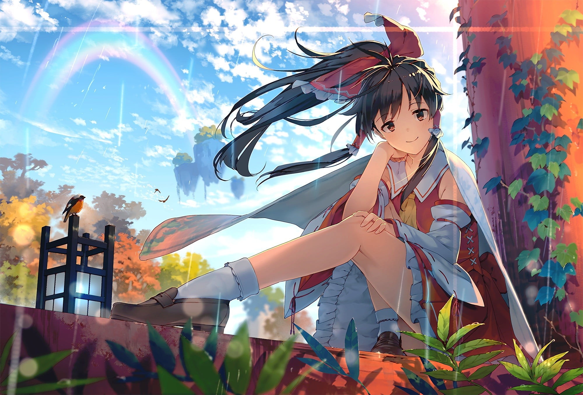 socks, casual clothing, hairstyle, plant, ribbon, beautiful woman, outdoors, nature, rainbows, lifestyles, leisure activity, Hakurei Reimu, ponytail, three quarter length, HD Wallpaper