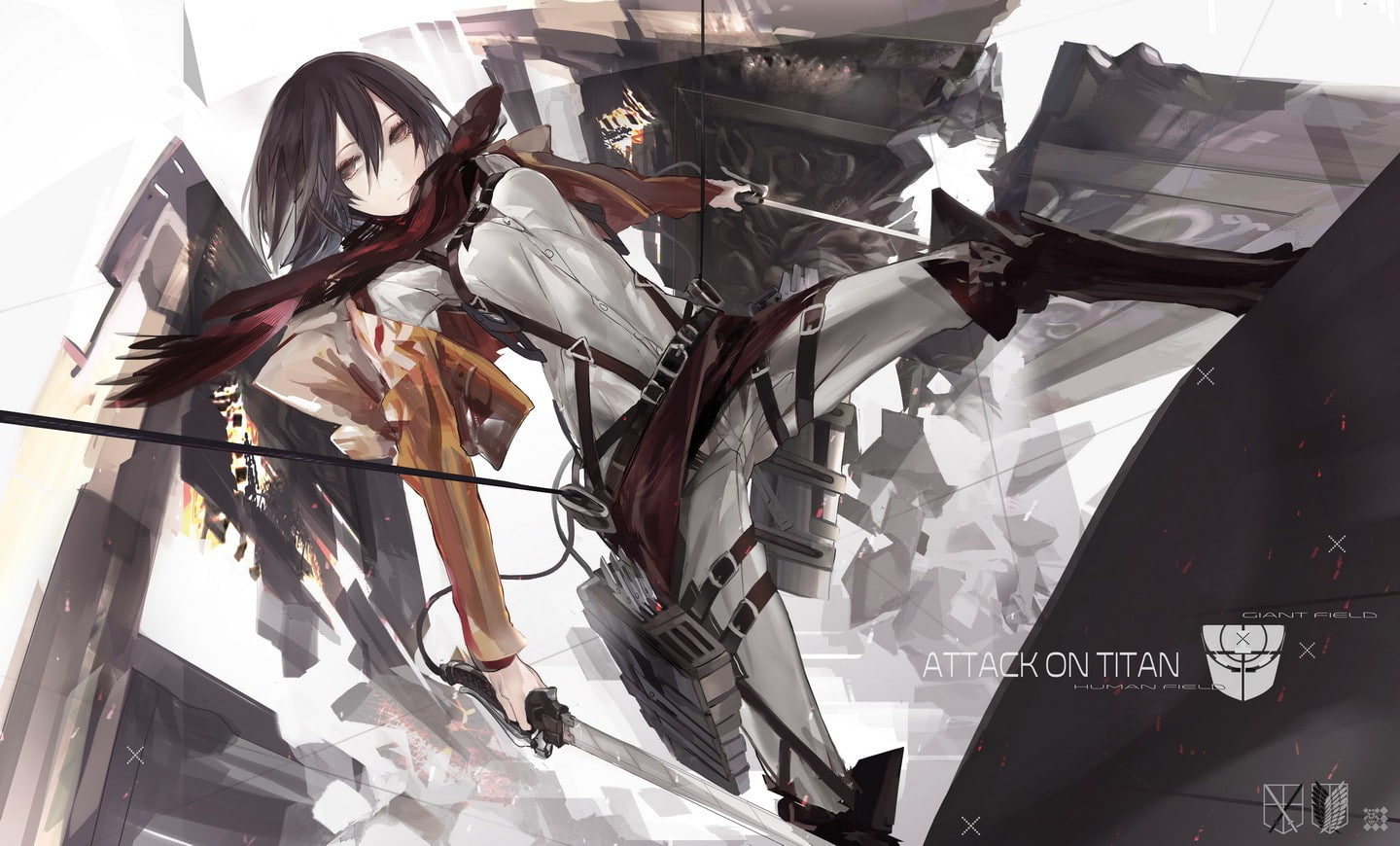 boots, black hair, fantasy weapon, jacket, anime girls, sword, 720P, short hair, anime, brown eyes, scarf, Mikasa Ackerman, Shingeki no Kyojin, HD Wallpaper