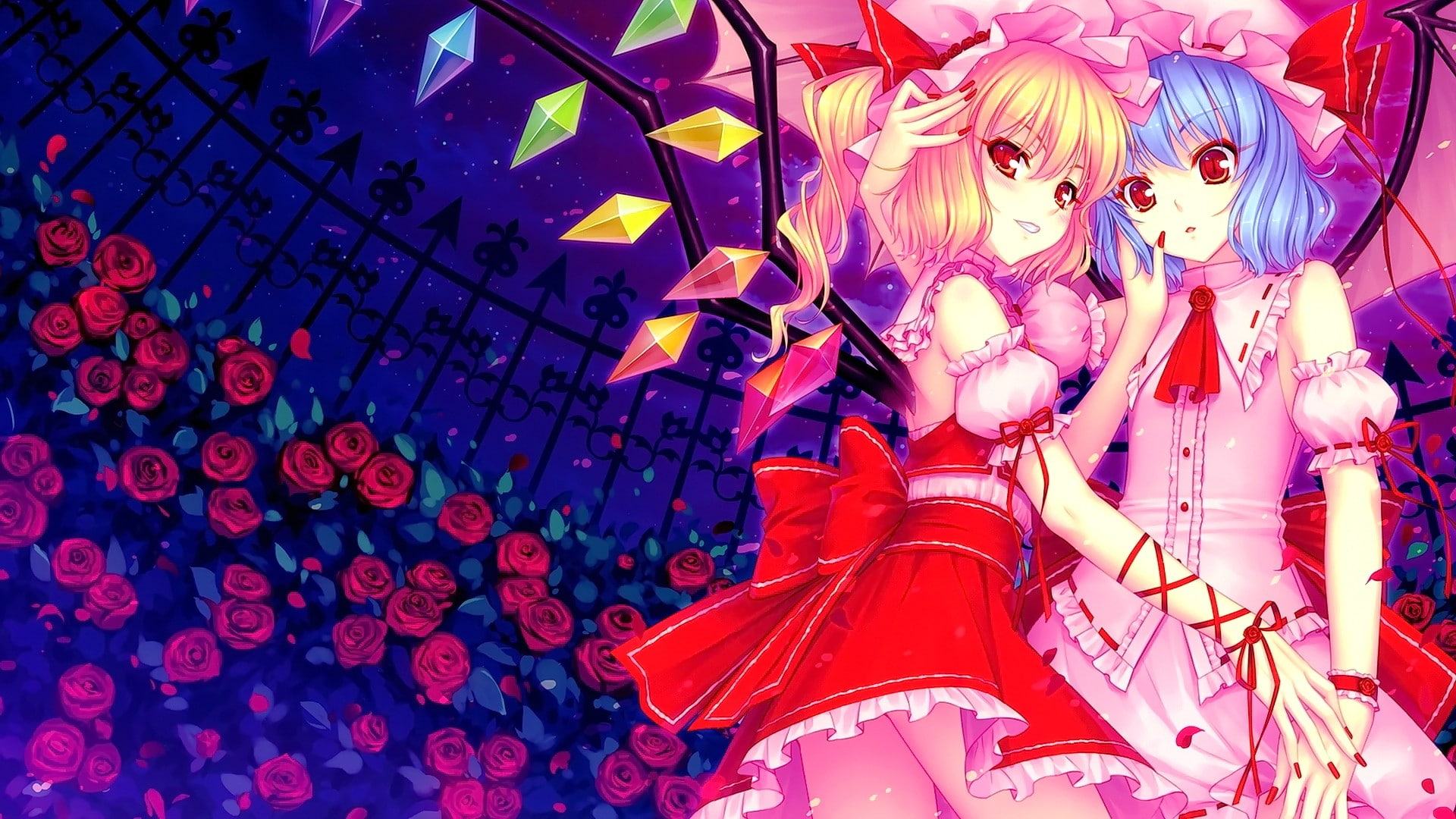 long hair, red eyes, blue hair, smiling, 1080P, anime girls, hat, Flandre Scarlet, Remilia Scarlet, Touhou, flowers, blonde, anime, HD Wallpaper