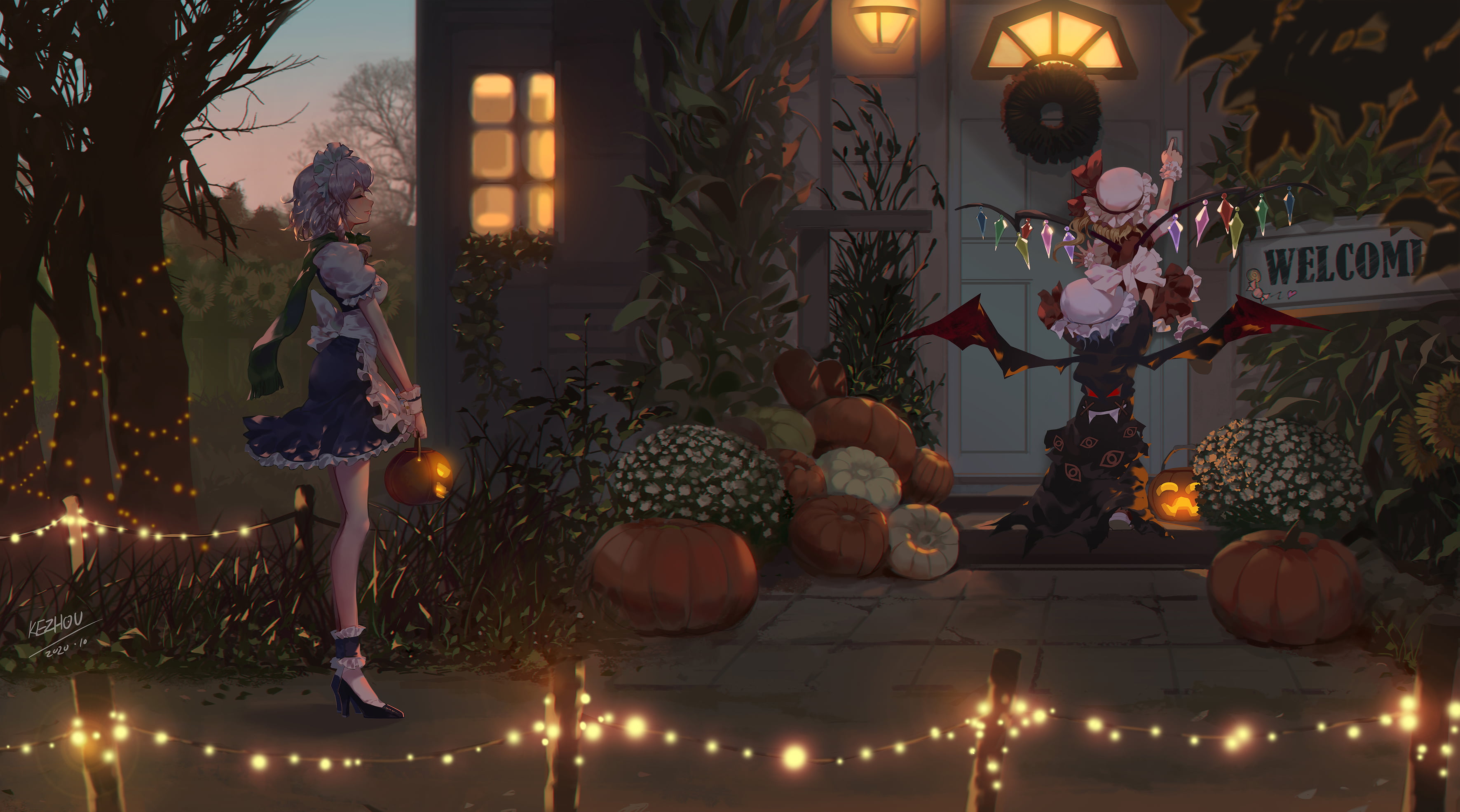 Jack O Lantern, Kezhou, anime girls, Halloween, Remilia Scarlet, Izayoi Sakuya, Flandre Scarlet, pumpkin, 2K, Touhou, light effects, HD Wallpaper