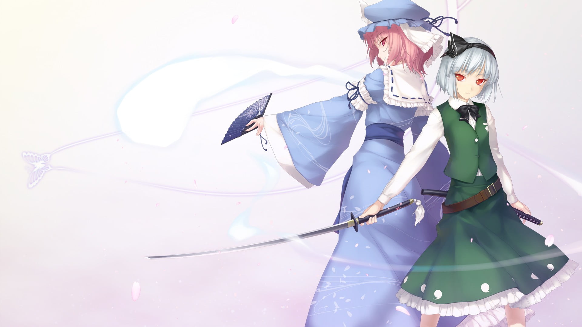 young women, nature, two people, dress, real people, hair band, sword, people, video games, hat, transportation, looking back, Touhou, Saigyouji Yuyuko, HD Wallpaper