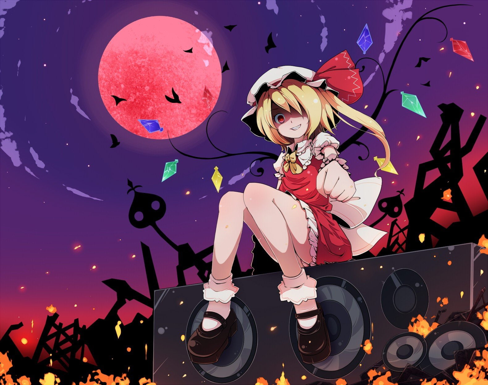 moon, red, laevateinn, spears, touhou, crystals, eyes, ponytails, grin, long, smiling, wings, hair, 720P, vampires, hats, weapons, blondes, socks, scarlet, HD Wallpaper