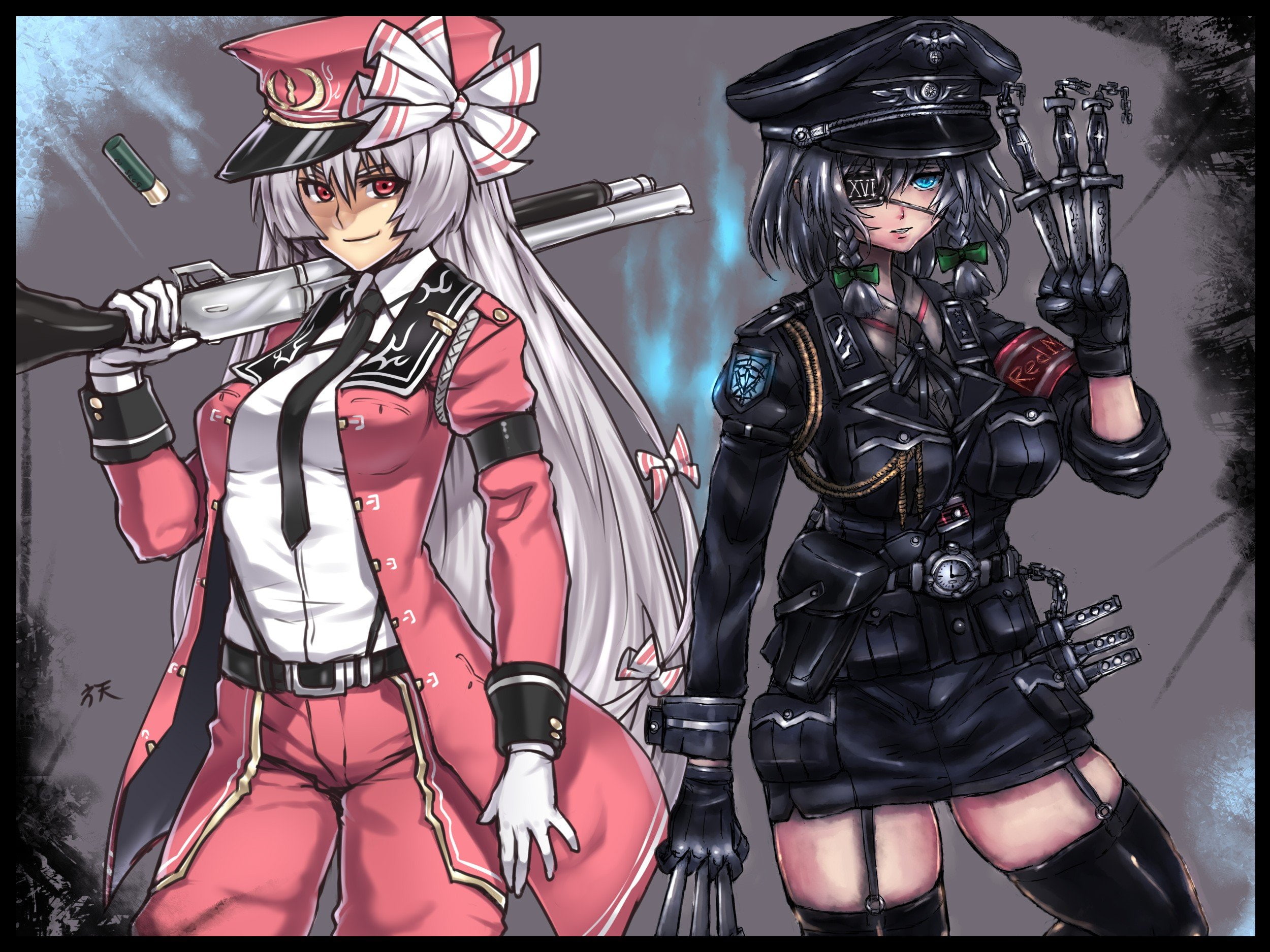 video, coat, sakuya, white, uniforms, stockings, weapons, short, izayoi, eyes, 1080P, jackets, mokou, skirts, belts, tie, touhou, games, eyepatch, military, HD Wallpaper