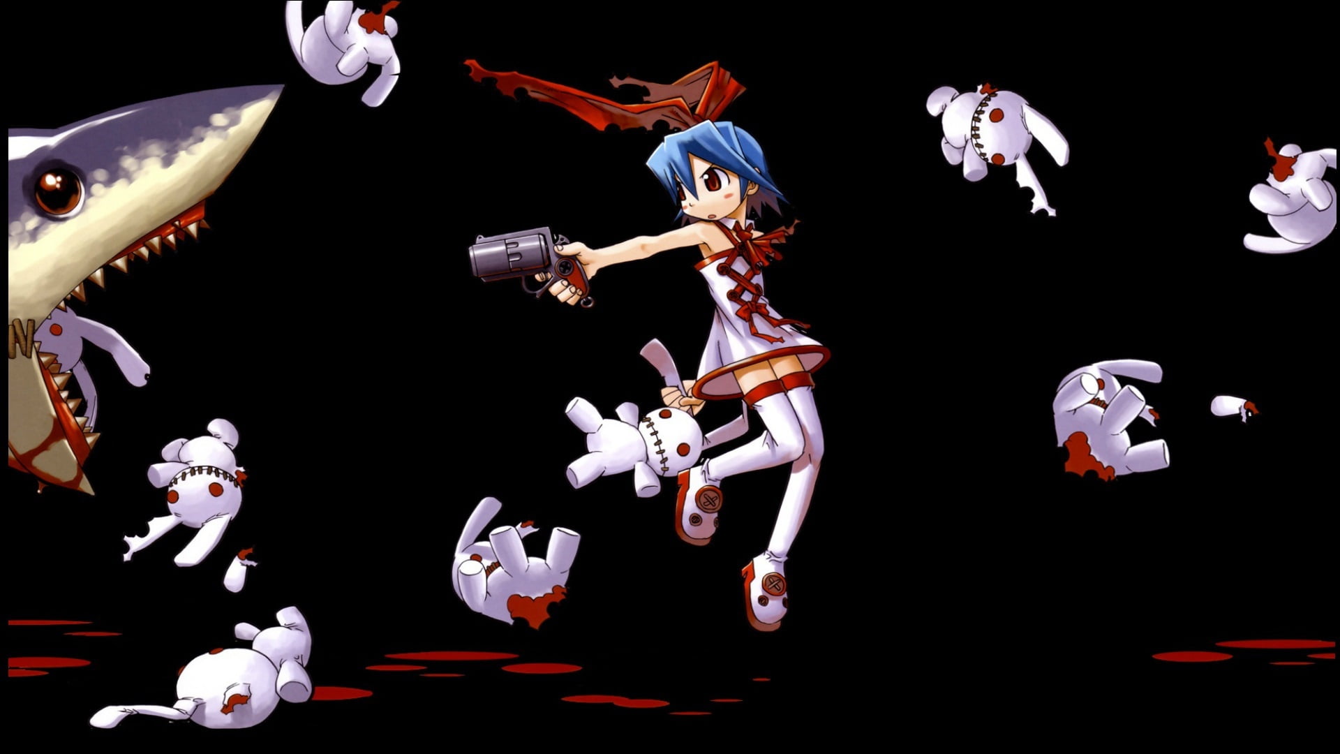 blood, hopelessness, shark, white rabbits, Pleinair, a pool of blood, darkness, gun, mouth, 1080P, Disgaea, the victim, HD Wallpaper