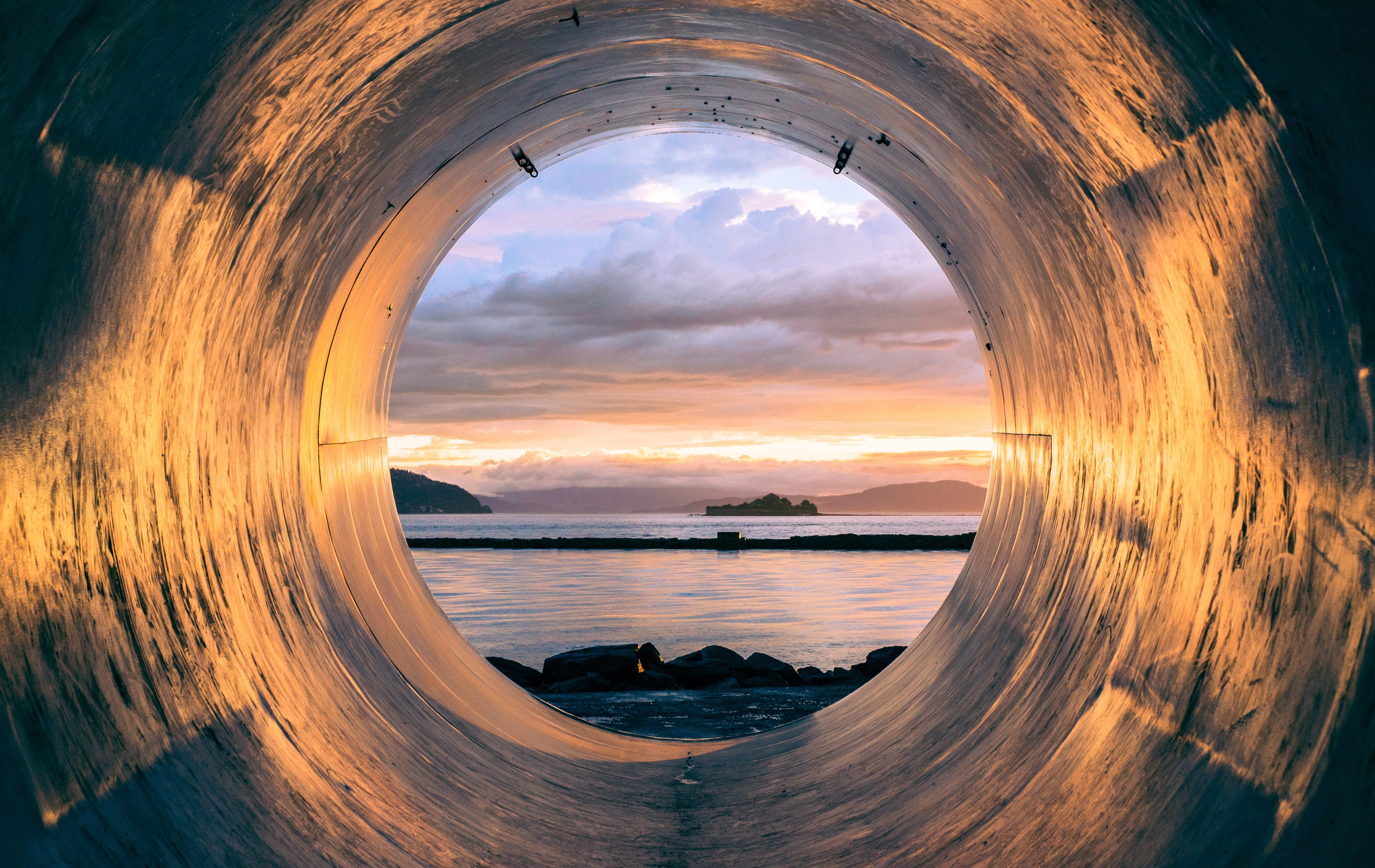 scene, cloud - sky, architecture, shore, body, water, orange color, coast, hole, drain, reflection, tranquil scene, steel, nature, circle, horizon over water, HD Wallpaper