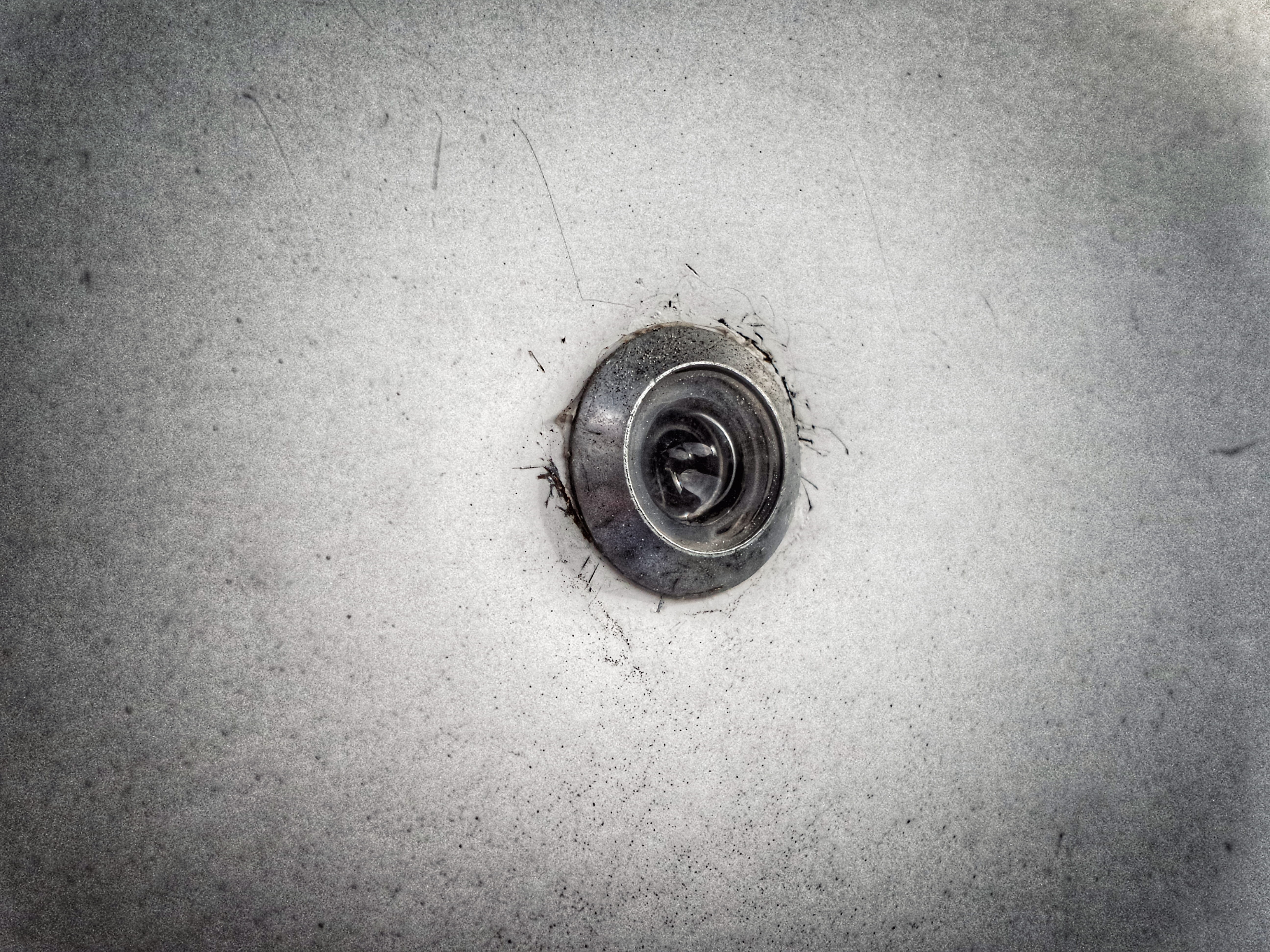 close-up, behind, eye, geometric shape, 5K, no people, dirty, backgrounds, dark, circle, full frame, grey, directly above, metal, round, drain, vignette, HD Wallpaper