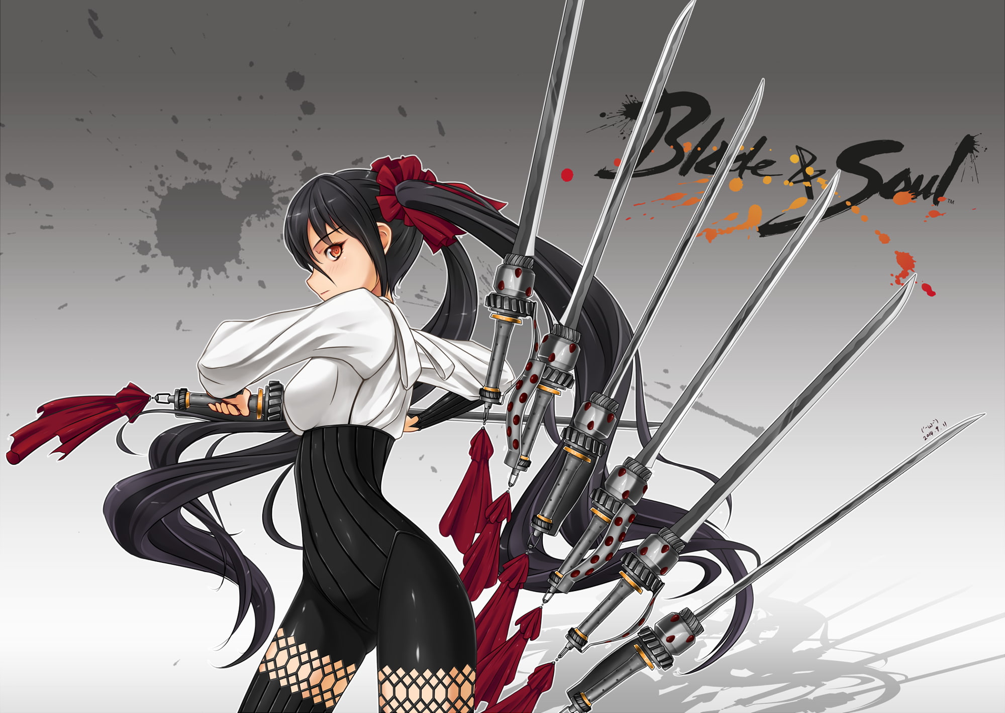 lifestyles, anime, young adult, females, weapon, sport, Blade and Soul, casual clothing, long hair, red eyes, beautiful woman, black hair, skill, holding, HD Wallpaper