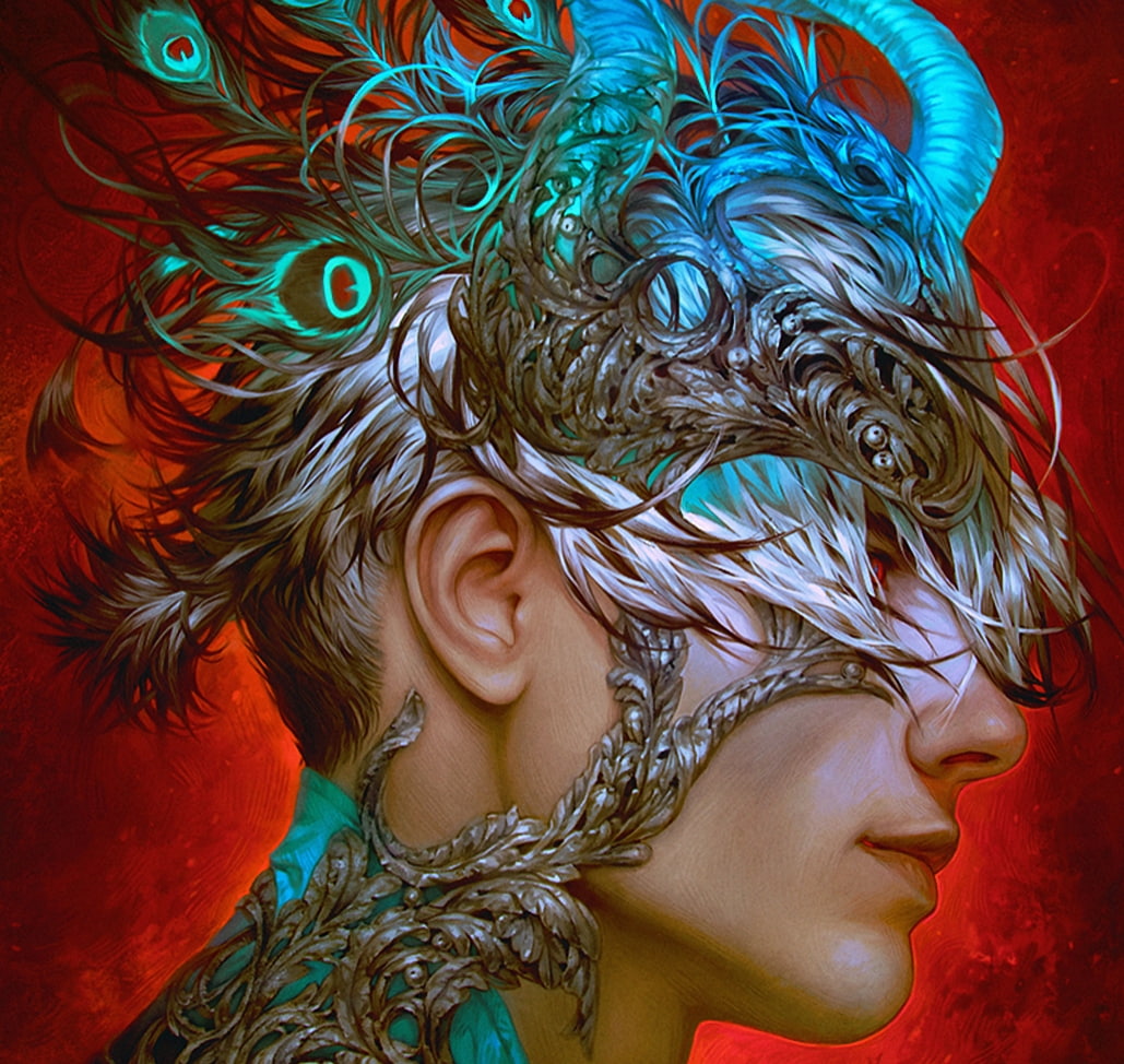 blue, feather, luminos, 480P, fantasy, man, red, mask, valentina remenar, tincek marincek, Black is the soul, peacock, HD Wallpaper