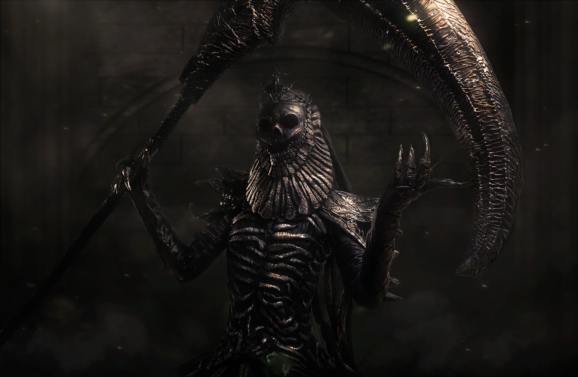 death scythe, Nashandra, crown, evil, 1080P, hell of a grin, claws, Dark Soul, undead, in the dark, skull, HD Wallpaper