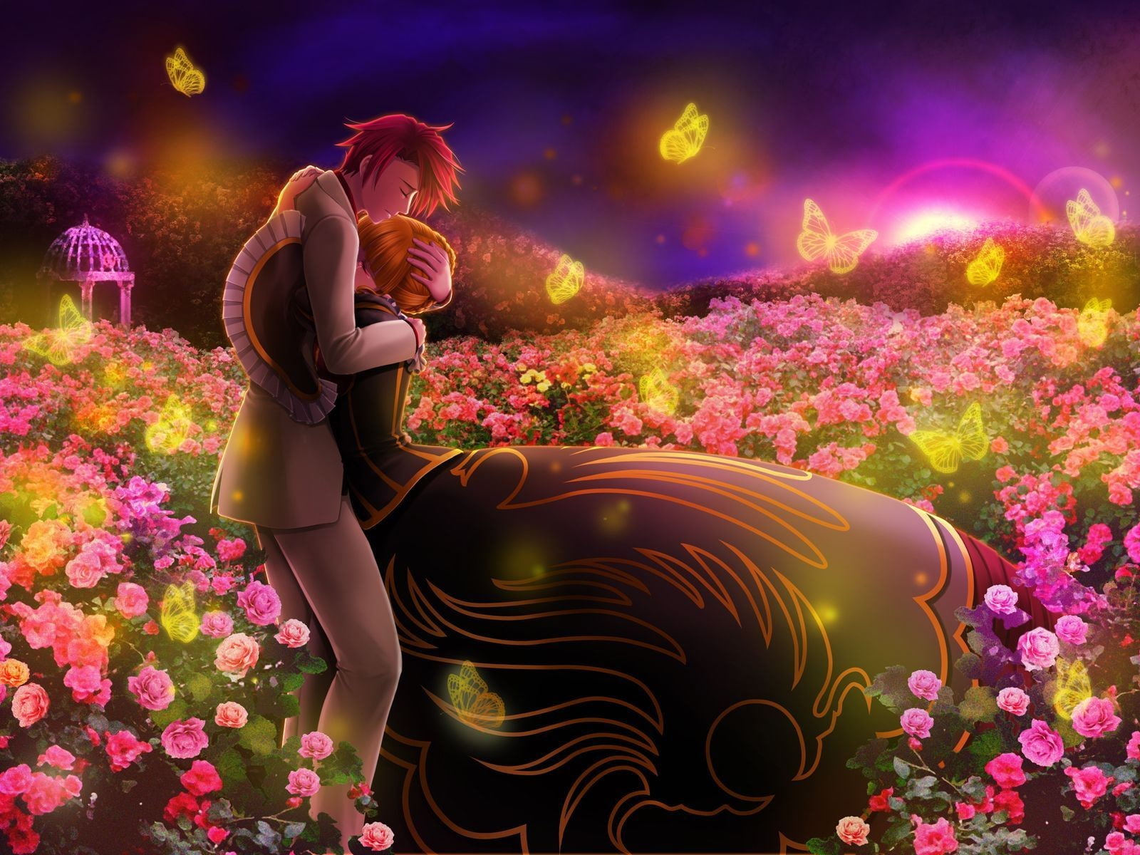 Umineko no Naku Koro ni, anime, Ushiromiya Battler, couple, anime boys, anime girls, 720P, love, flowers, HD Wallpaper