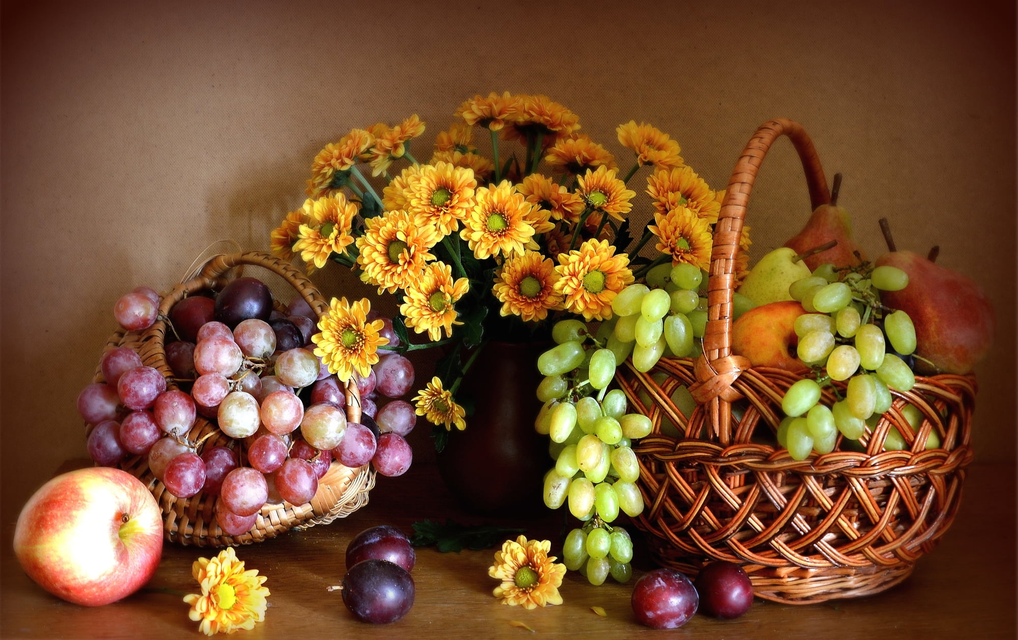 food and drink, container, wellbeing, fruit, plant, no people, variation, flowers, table, pear, apple - fruit, freshness, grape, food, flowering plant, HD Wallpaper