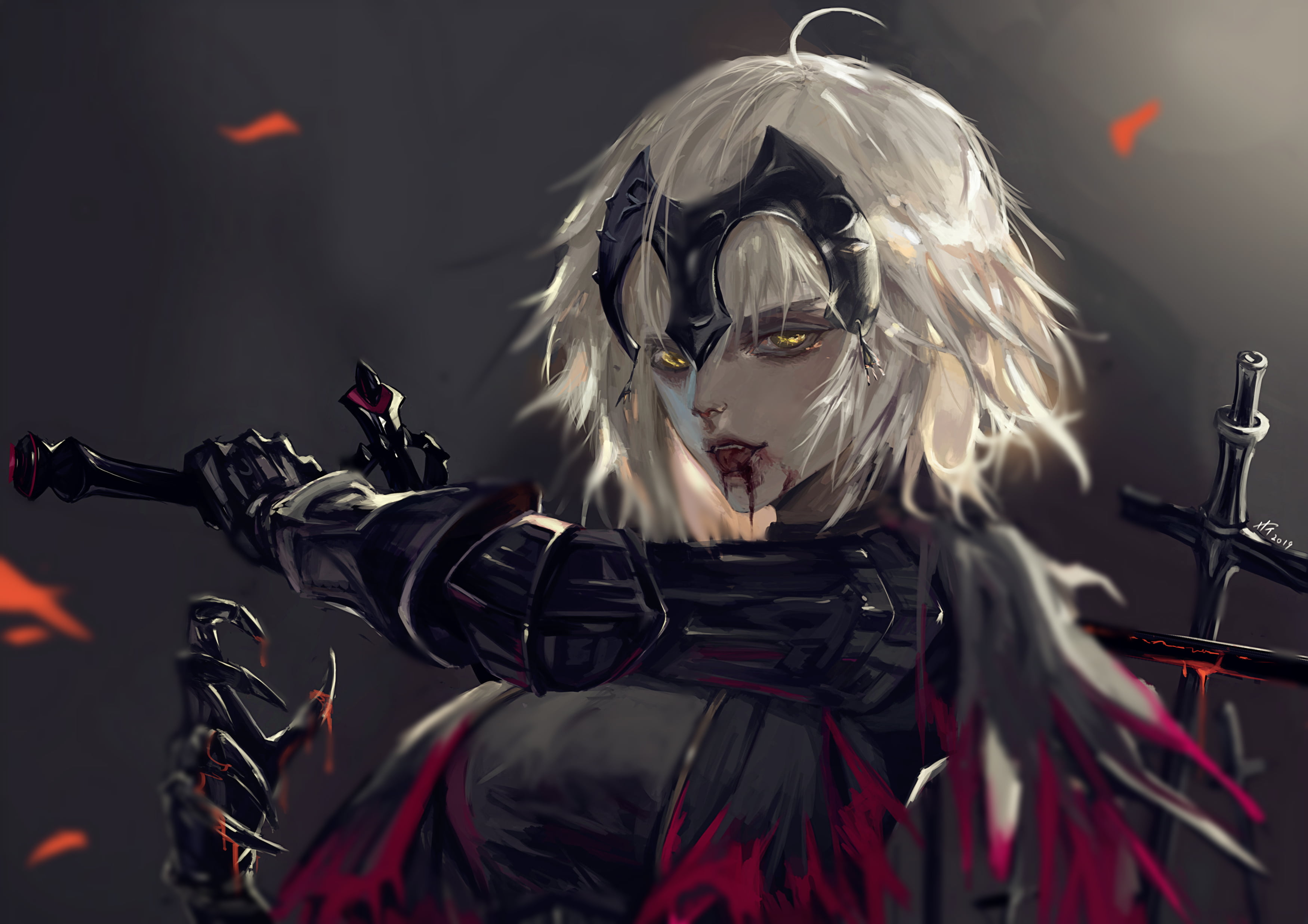 short hair, 2K, video game girls, blonde, blood, yellow eyes, Avenger (Fate/Grand Order), Jeanne (Alter) (Fate/Grand Order), sword, Fate Series, HD Wallpaper