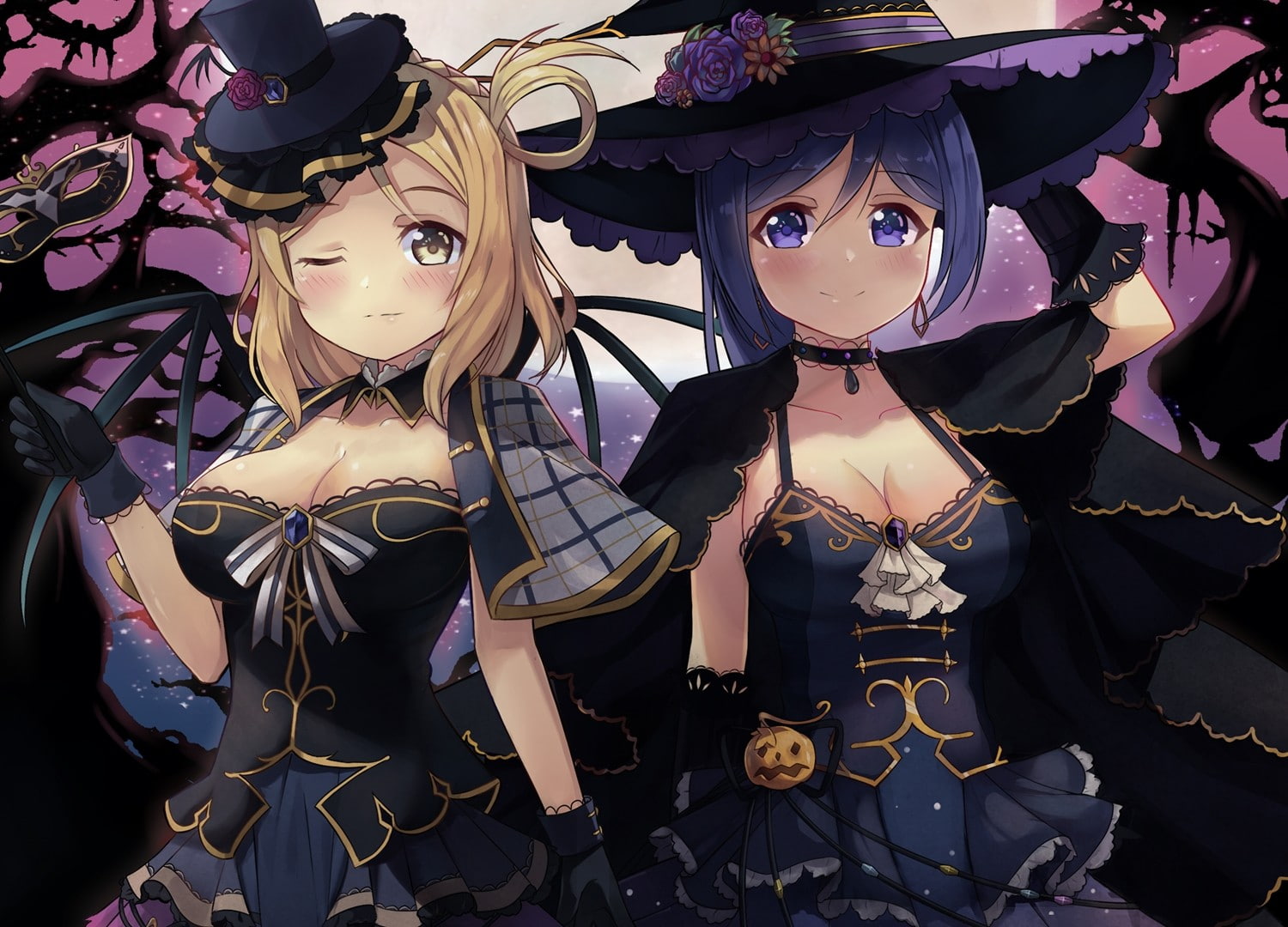 Moon, 720P, purple eyes, open shirt, blonde, Love Live! Sunshine, purple hair, yellow eyes, anime girls, anime, Matsuura Kanan, short hair, night, HD Wallpaper